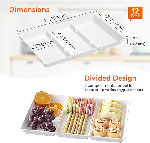 Miniatura 9 de Lifewit Bandeja de servir dividida para suministros de fiesta, 6 bandejas de plástico de 15 x 10 pulgadas para servir alimentos, bandeja blanca