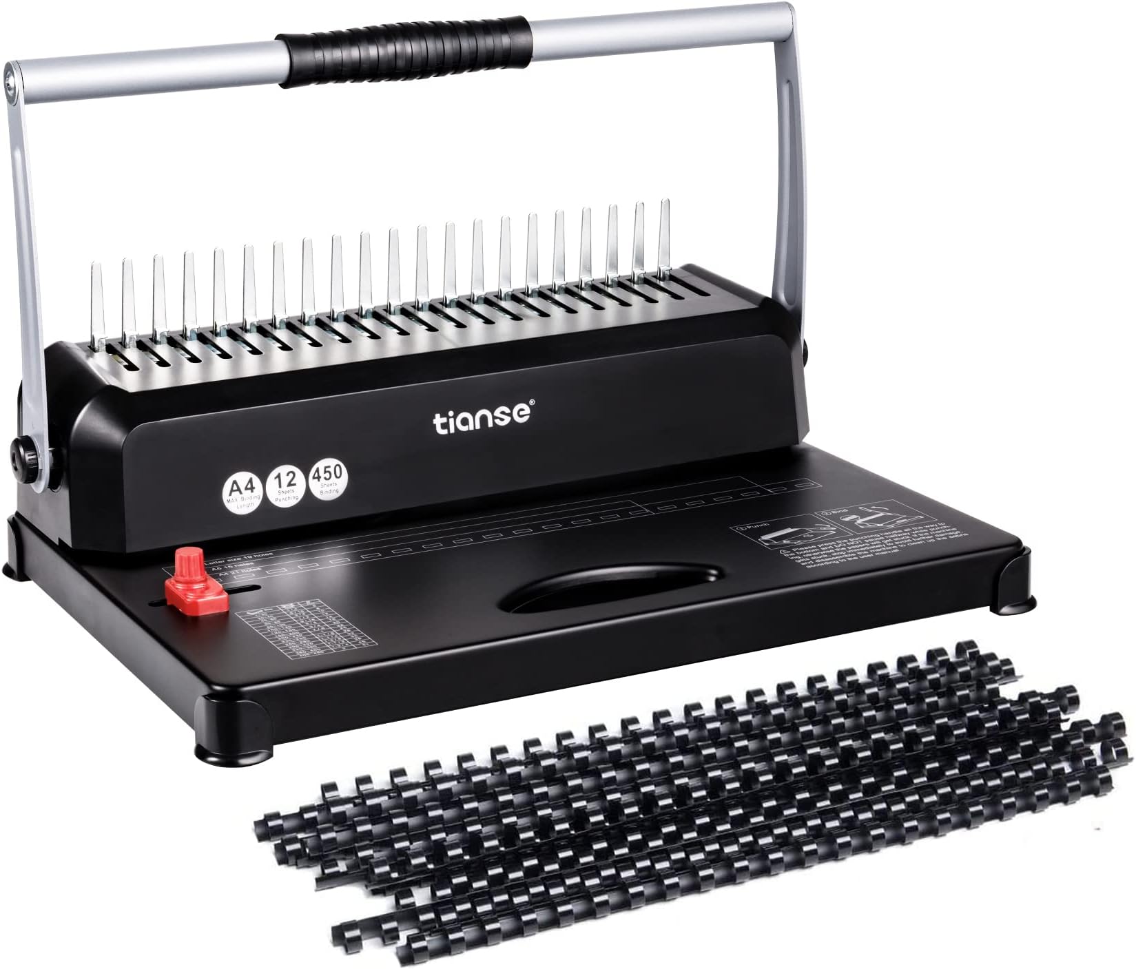 TIANSE Binding Machine, 21-Hole, 450 Sheet, Spiral Binding Machine with Starter Kit 100 PCS 3/8'' Comb Binding Spines, Comb Binding Machine Perfect for Daily Office Documents