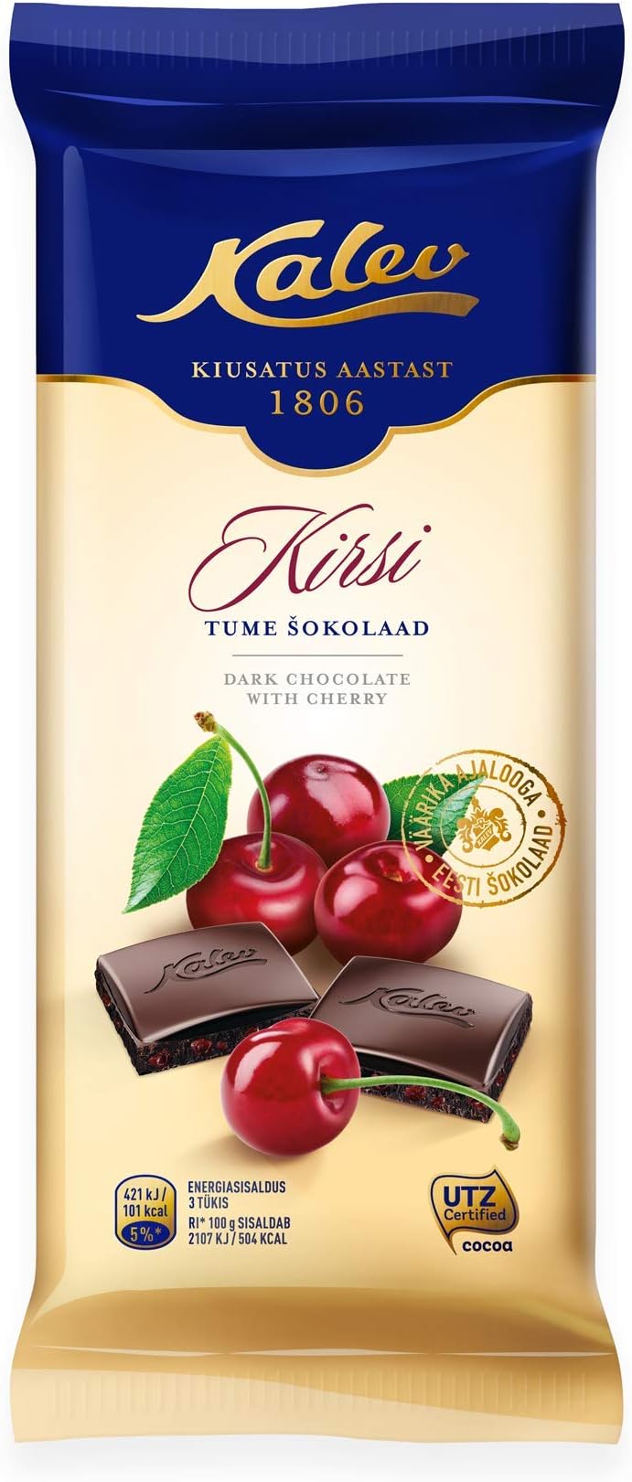 Dark Chocolate with Cherry (100g) - Estonian Brand Kalev [Pack of 2]