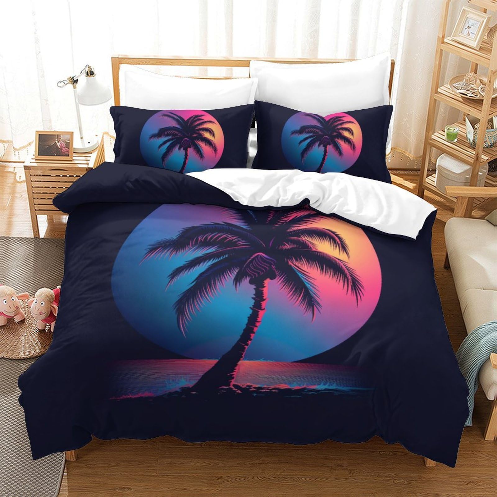 Housse de couette 200x200cm palmier 3D avec 2 taies d'oreiller pour lit double
