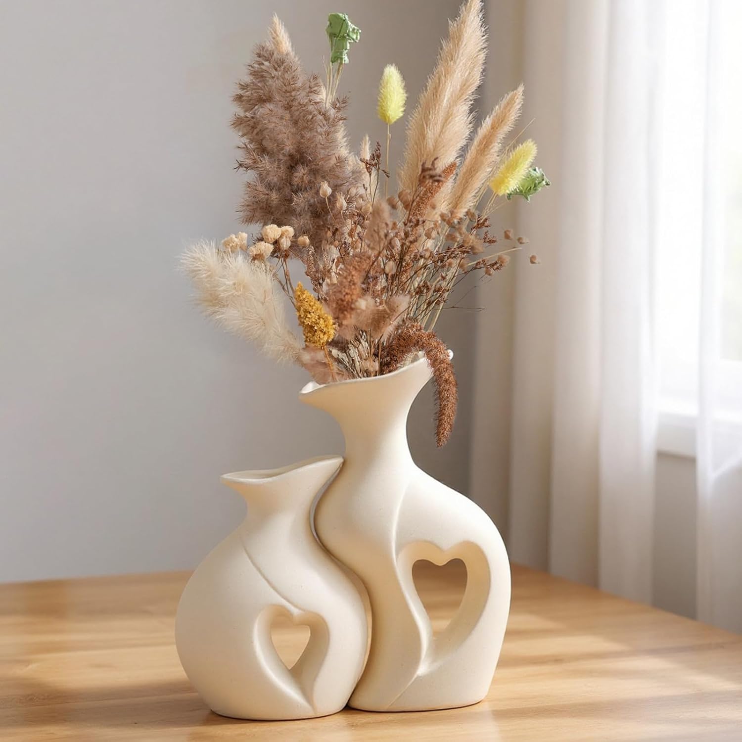 White Ceramic Vase Hollowed Heart Flower Vase Set for Modern Nordic Boho Home Decor, Aesthetic Vase for Table Centerpiece, Wedding, Living Room, Bookshelf, Office, Entryway, Console, Fireplace(Matte)