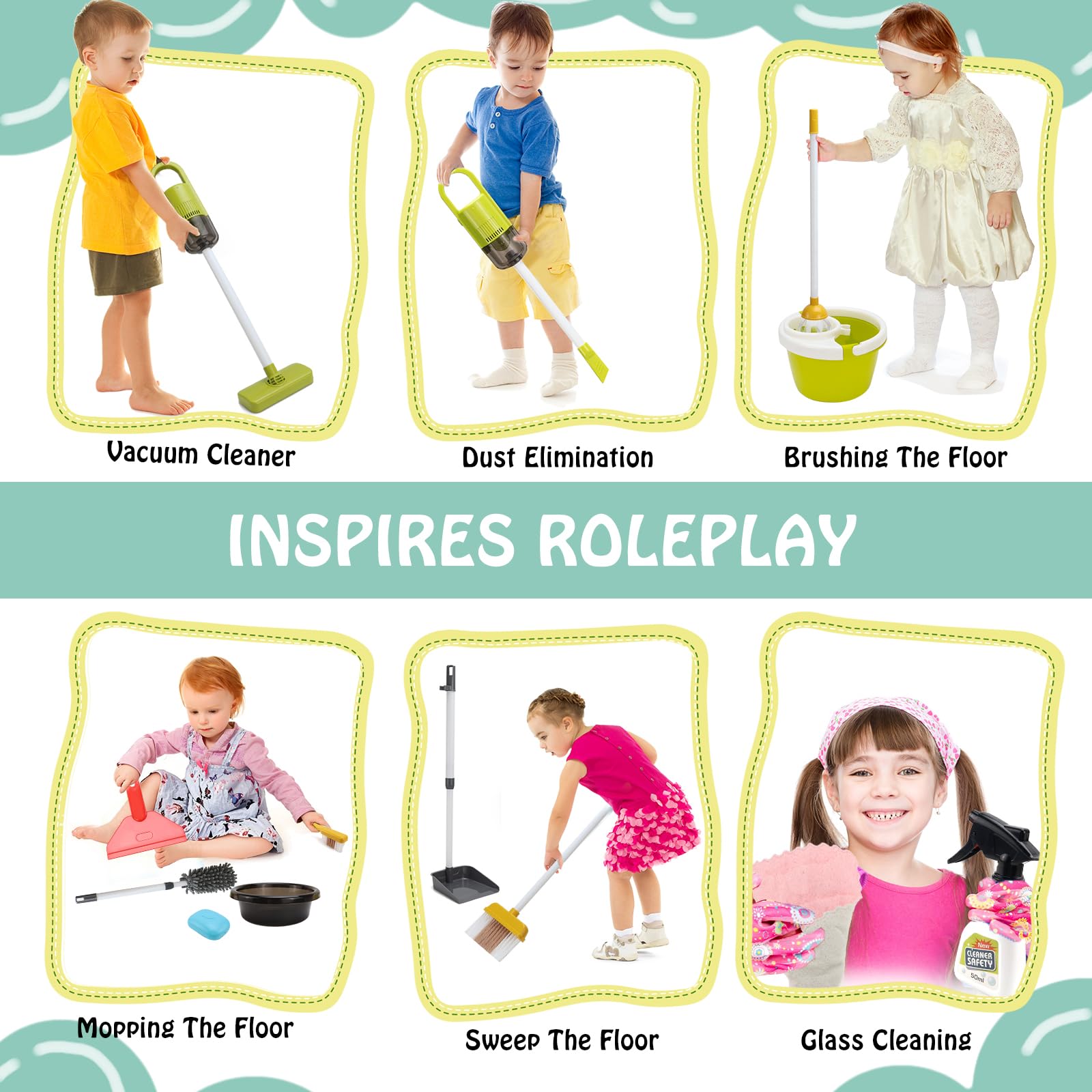 14 PCS Putzset für Kinder, Kinderstaubsauger, Kinderbesen Set Ab 2 Jahre, Putzset für Kinder Mit Saug und Soundfunktion (A-14)