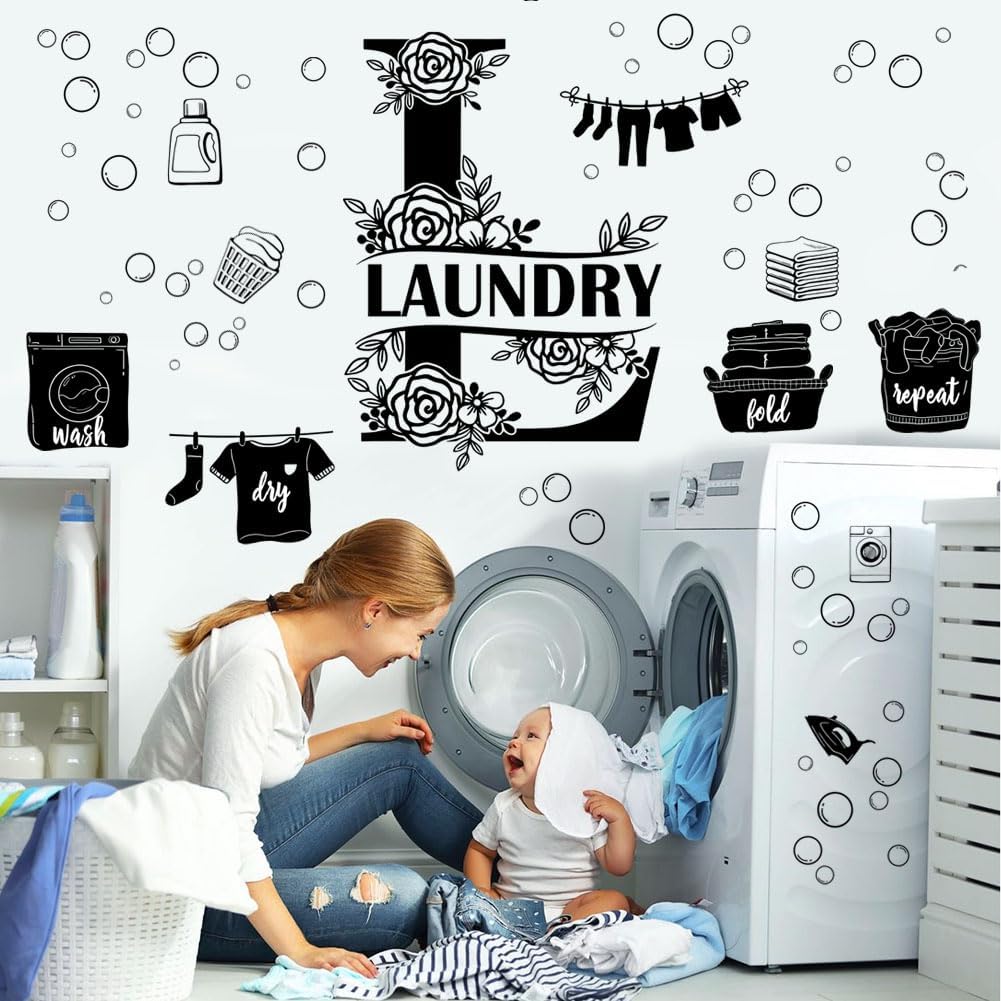 Laundry Wall Decals Laundry Room Quotes Wall Stickers Bubble Wall Stickers Removable Wall Art Decor for Home Apartment Washing Decoration(Black/L) image 3