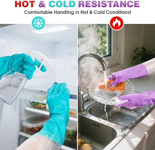 Miniatura 4 de Elgood Guantes reutilizables de limpieza para lavar platos con manga larga, sin látex, forro de algodón, guantes de cocina 2 pares, púrpura+azul