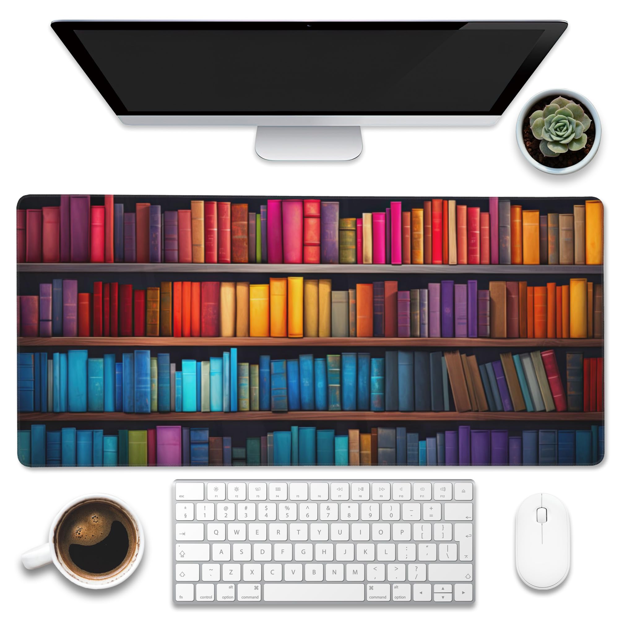 Eflxamz Large Gaming Mouse Pad for Desk,Bookshelves Full of Books Desk Mat,Colorful Books Desk Pad,Extended Big Computer Keyboard Mouse Pad with