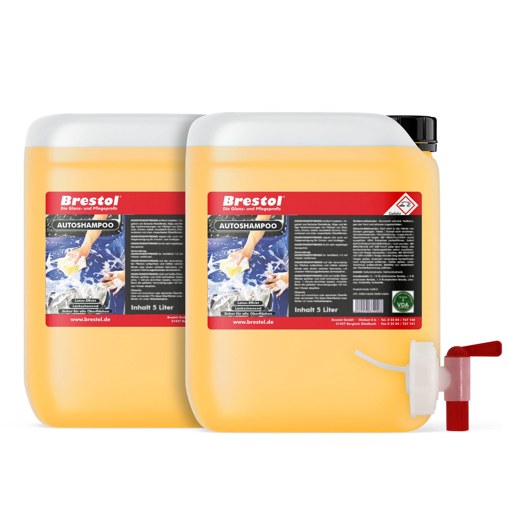 BRESTOL® Autoshampoo 10 Liter Konzentrat mit Auslaufhahn 51 mm - Autowäsche Abperleffekt Abperl-Effekt geeignet für Foam Master Schaumsprüher Schaumsprühgerät oder manuelle Fahrzeugwäsche
