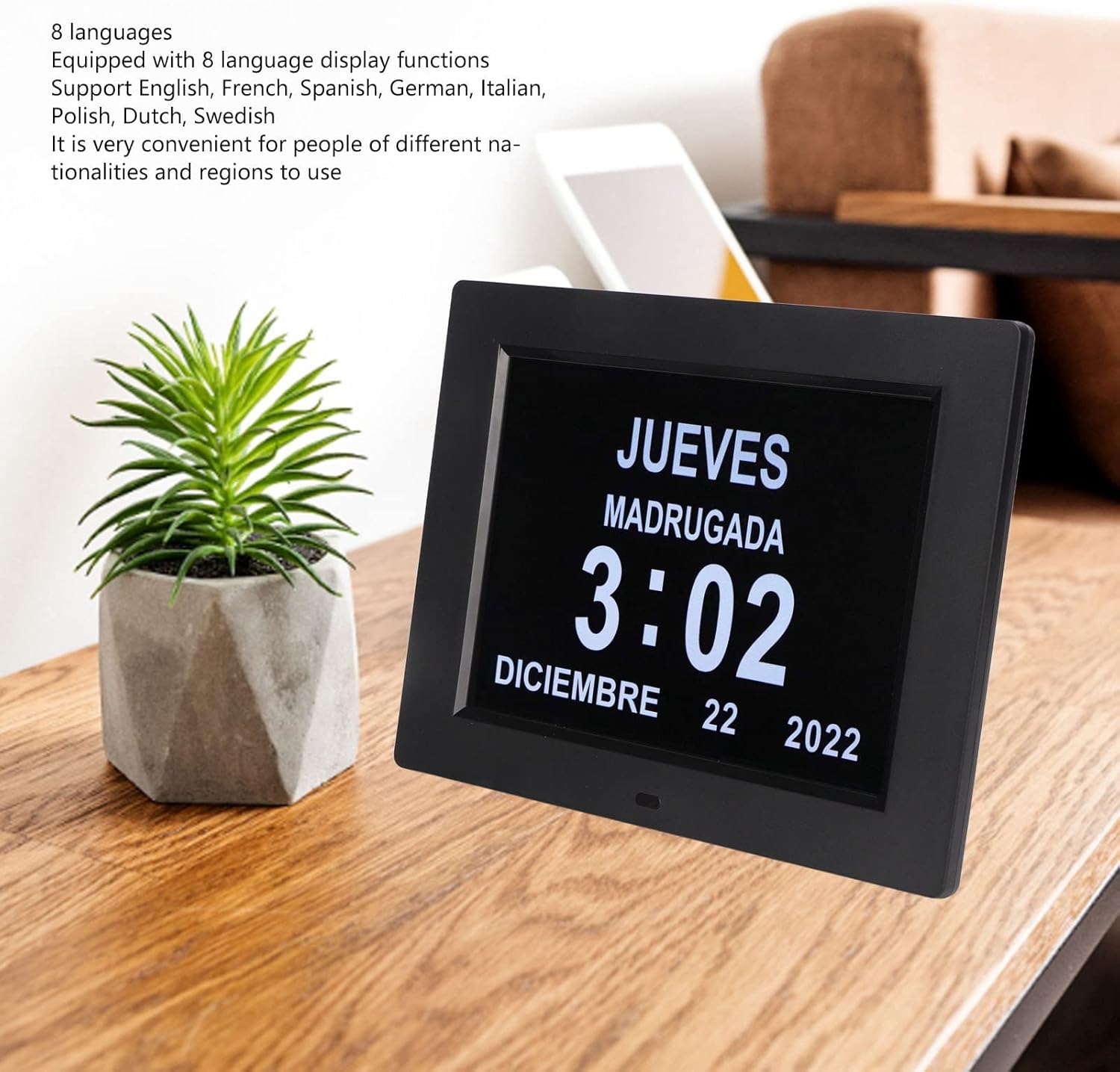Yunir Digital Day Calendar Clock, 8 Inch Auto Dimming Reminder Electronic Calendar Alarm Day Clock with Large Font Display, Supports Multiple Languages, (US Plug)