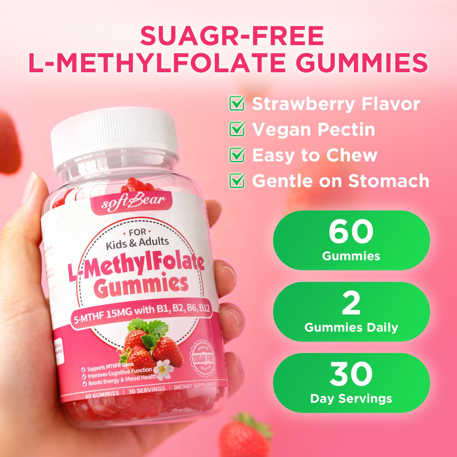softbear L-Methylfolate 15mg Gummies for Kids & Adults, Organic Methylfolate Supplement 5-MTHF Plus Methyl B12, B1, B2, B6 Support MTHFR Gene, Cognition Function, Strawberry Flavor 60 Count — Amazon image 7