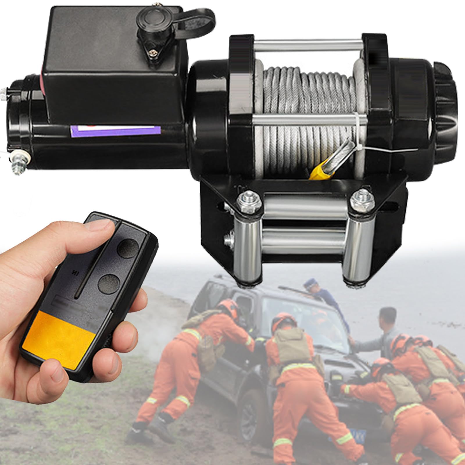 Wyciągarka 12V/24V – Elektryczna wyciągarka 4000/4500/6000 lbs ze stalową liną oraz pilotem bezprzewodowym/ręcznym – Wodoodporna wyciągarka ratunkowa i holownicza do pojazdów terenowych 6000LBS-12V