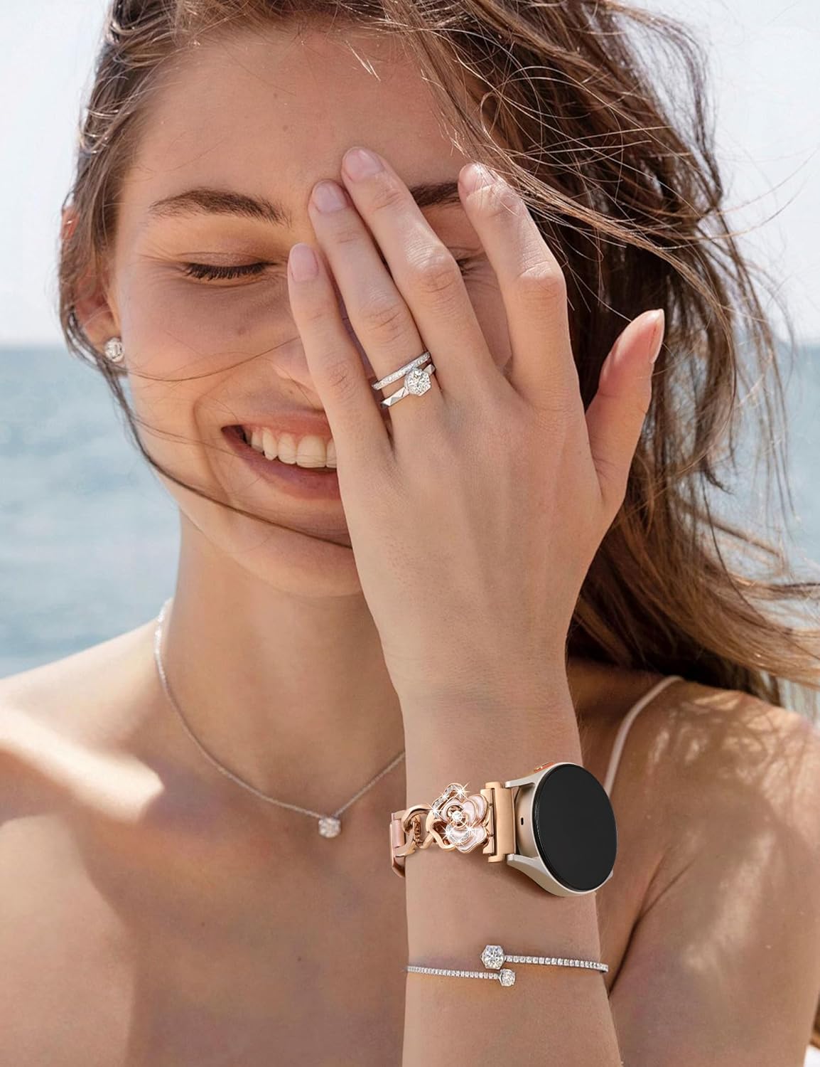 Minyee Leather Band Compatible with Samsung Galaxy Watch 7/6/5/4/FE/Active 2 40mm 44mm/Watch 6 Classic 43mm 47mm/5 Pro 45mm Women, 20mm Dressy Slim Elegant Metal Chain Strap with Bling Camellia Charms - Image 5