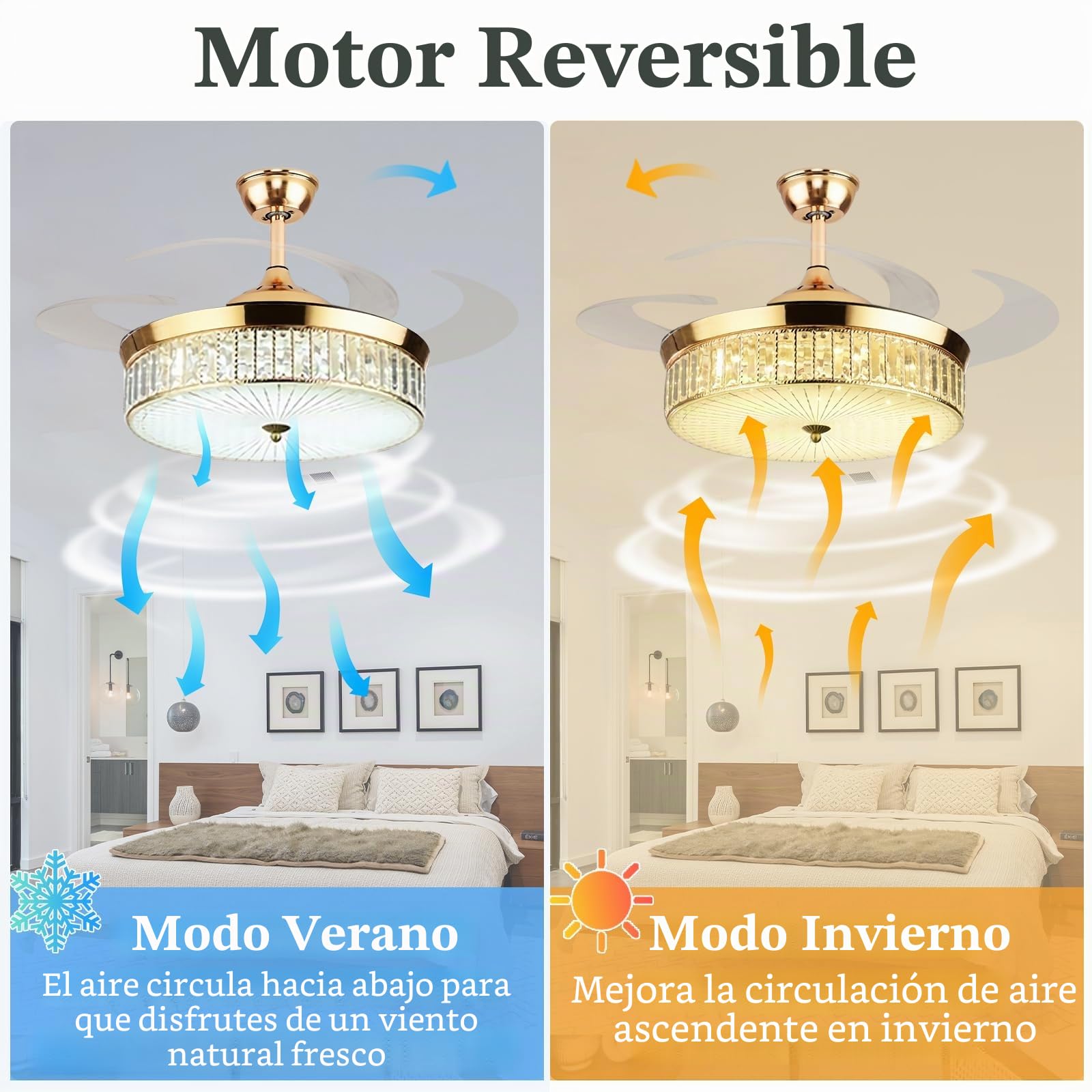 Cristal Lampara con Ventilador de Techo - Aspas Retráctiles Silencioso con Luz y Mando a Distancia CC Reversible, 6 Velocidades, 3 Colores Moderno - Golden||122CM