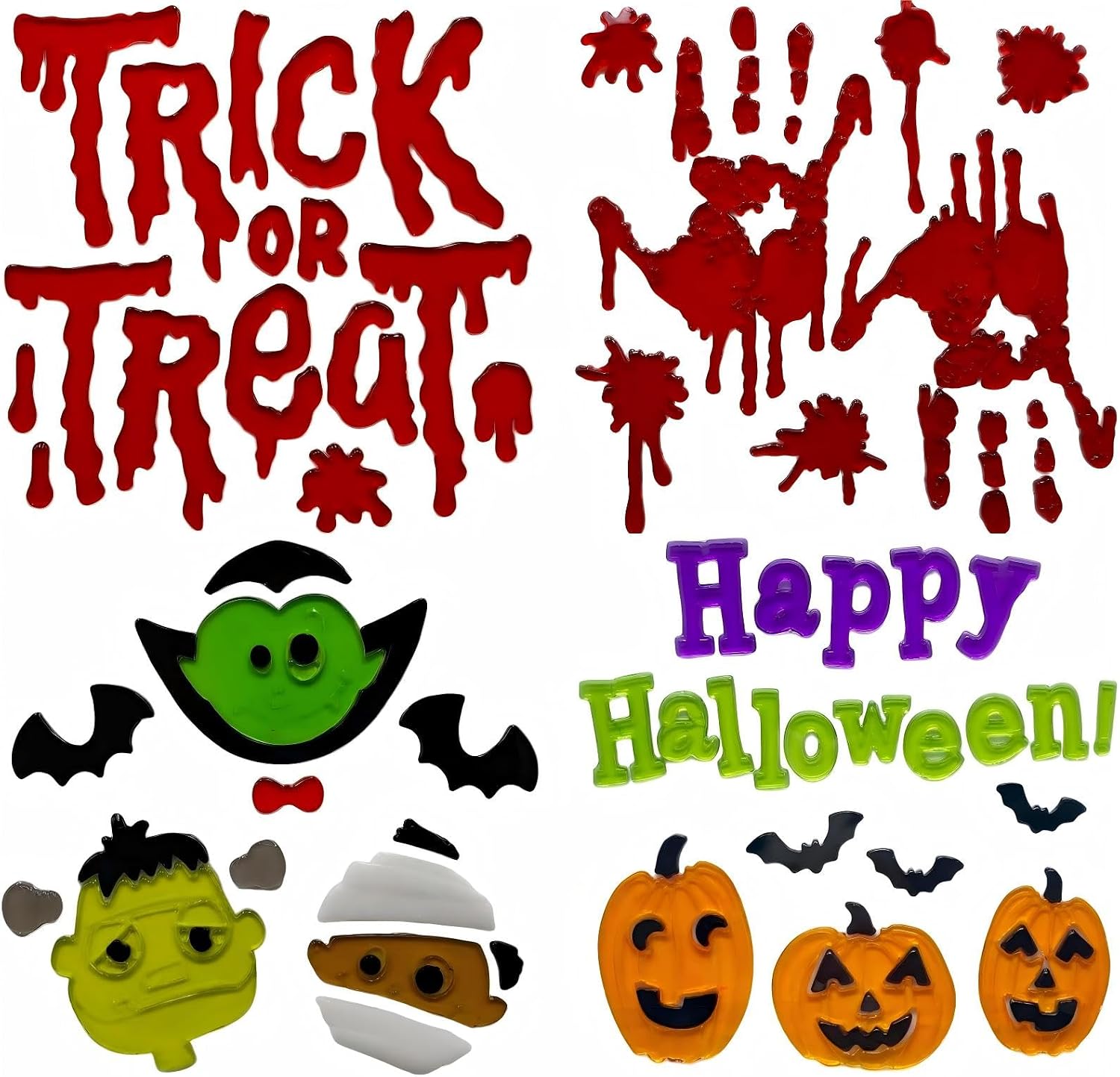 Gift&Fun 4Sheets Halloween Decorations-Halloween Gel Window clings, Trick or Treat Design with Pumpkins, Bats and Ｒed Ｈandprints 7.9×7.9in
