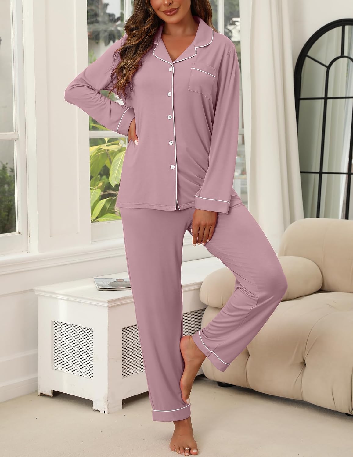 ZMJ Womens Pajamas Sets 2 Piece Long Sleeve and Pant Pj Sets Button Up Sleepwear