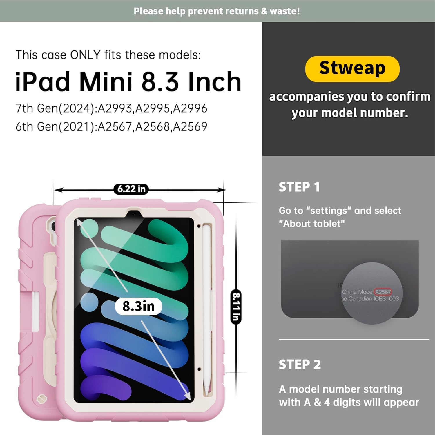 for iPad mini 7 A17 Pro/iPad mini 6 8.3 Inch Case, iPad mini 7th/6th Generation Case (2024/2021) with Pencil Holder/Kickstand, Hand Strap/Shoulder Strap,Pink&Beige