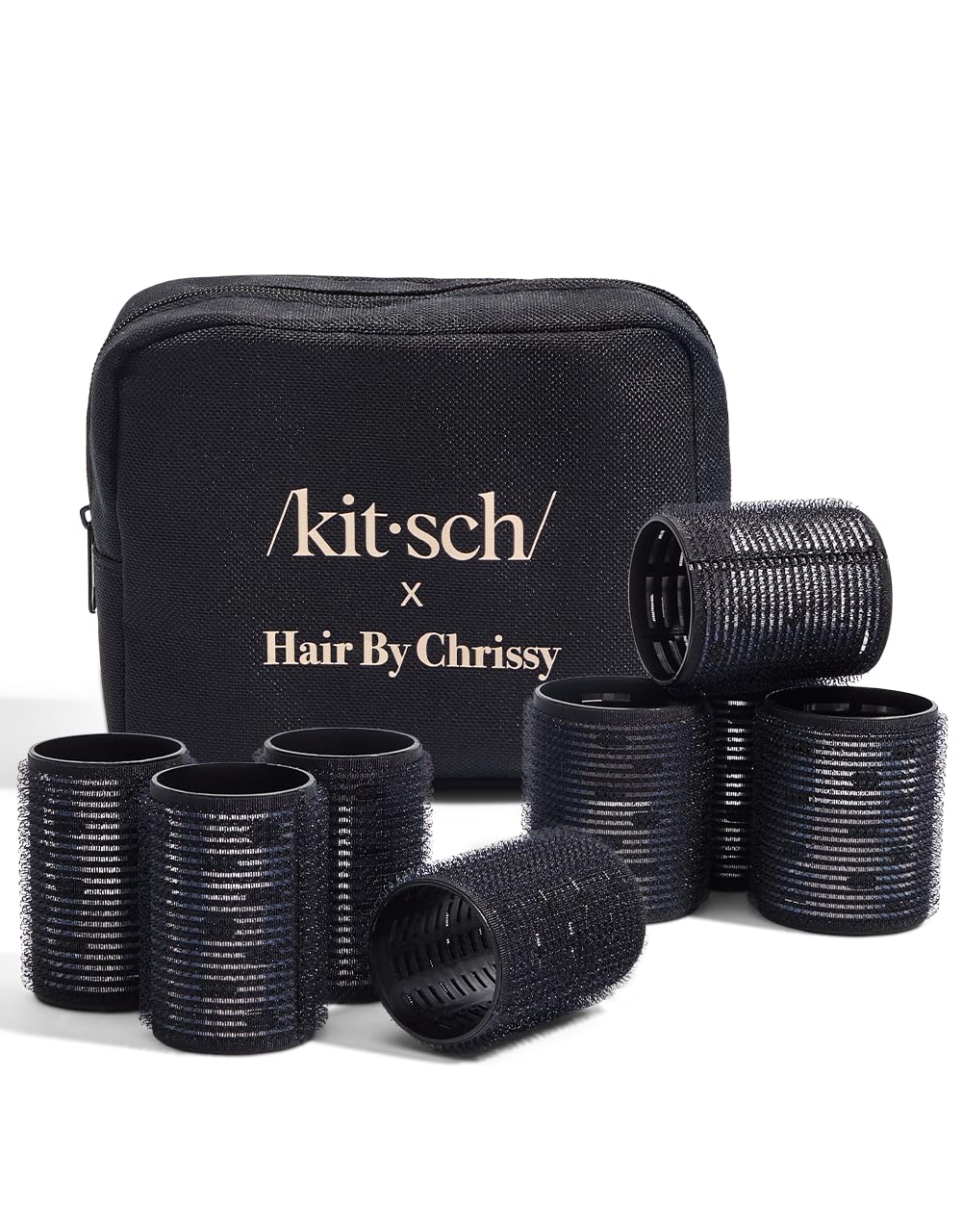 Chrissy x Kitsch Ceramic Thermal Rollers - Self Grip Hair Rollers for Long, Short & Medium Hair, Volume Curls, Ceramic Coated Core, Easy to Use - Black 8pc