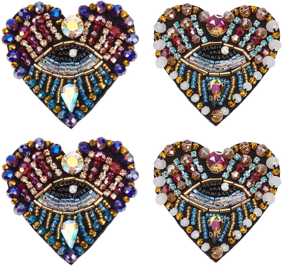 INFUNLY 4Pcs Love Heart Eye Rhinestone Bead Patch 4.1x2.9in Heart-shaped Eye Sew On Patches Handmade Bling Eye Applique Fabric Sequin Diamond Patch for Clothes Jeans Jacket Clothing Bag Arts Crafts