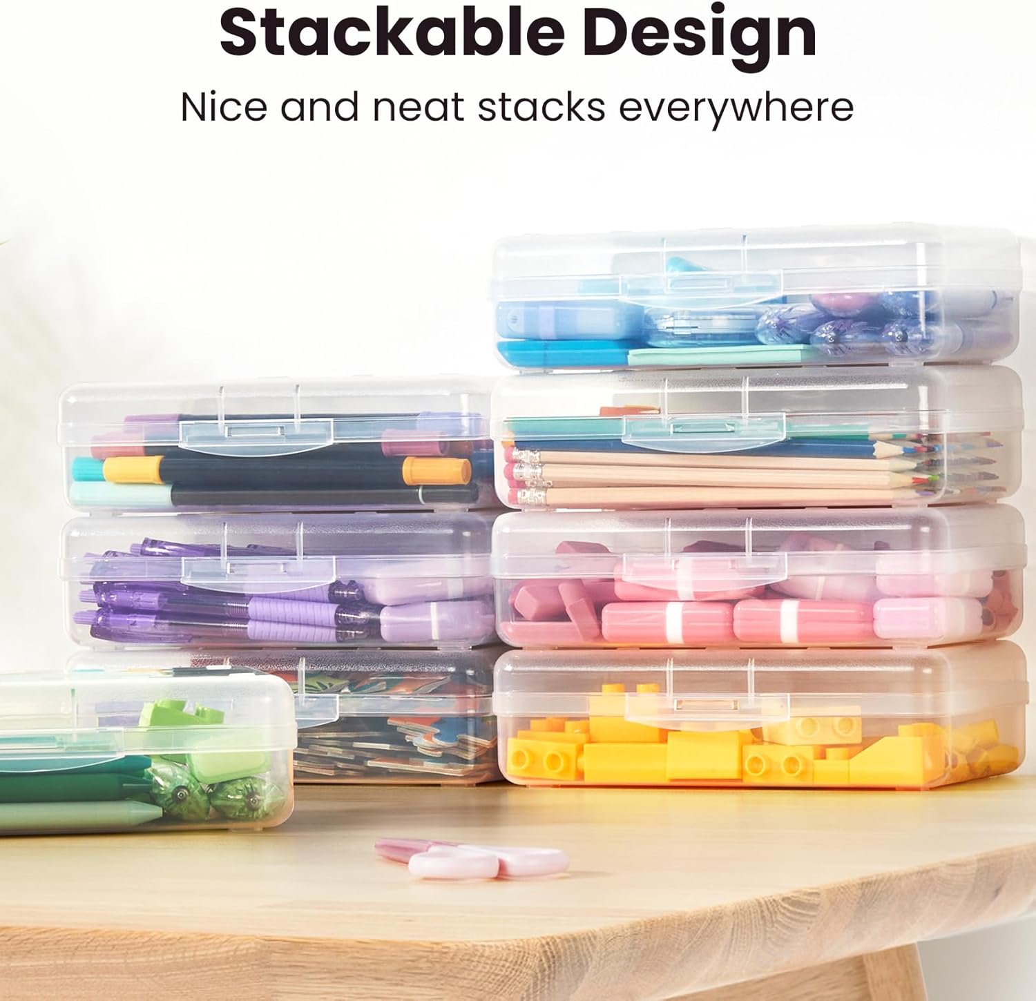 Sooez Plastic Pencil Case Box 6 Pack, Large Crayon Maker Pen Organizer, Plastic Containers with Snap Lids, Stackable Craft Storage Boxes Bulk, School Supplies Art Box for Bead, Clear - Image 5