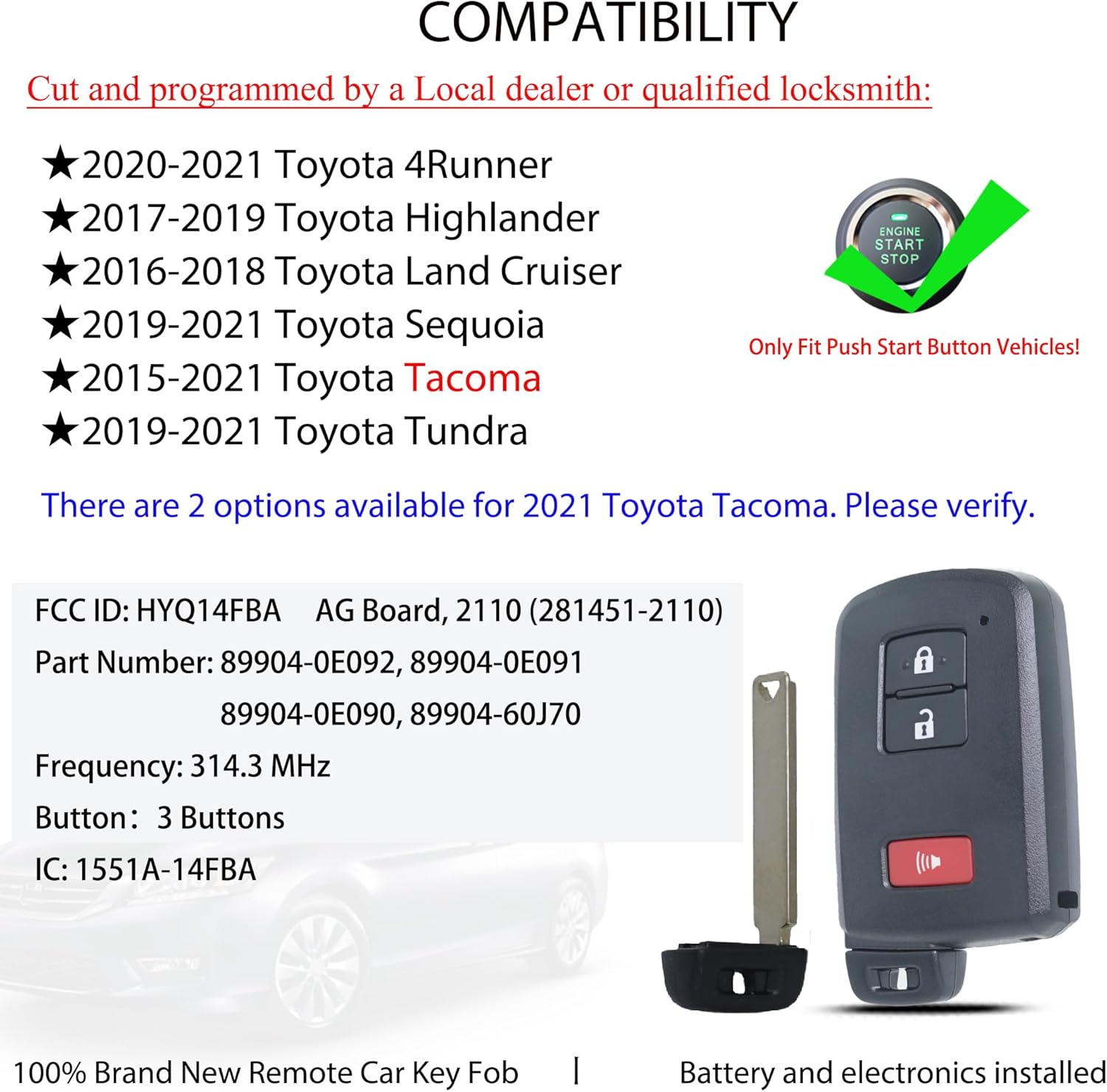MechanMagic Smart Key Fob Remote Replacement Fit for Toyota Tacoma 2015-2021 / Tundra 2019-2021 / 4Runner 2019-2021 HYQ14FBA Keyless Entry Remote Control AG Board 281451-2110
