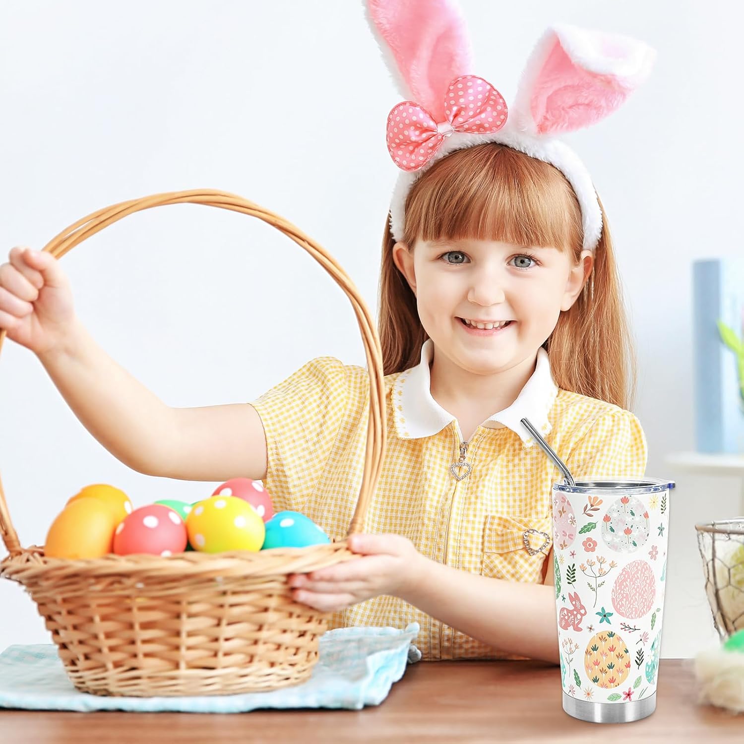 Whaline Easter Pastel Tumbler with Lid and Straw Spring Colorful Easter Egg Bunny Flower Tumbler Cup Stainless Steel Cup for Home Office Travel - Image 6