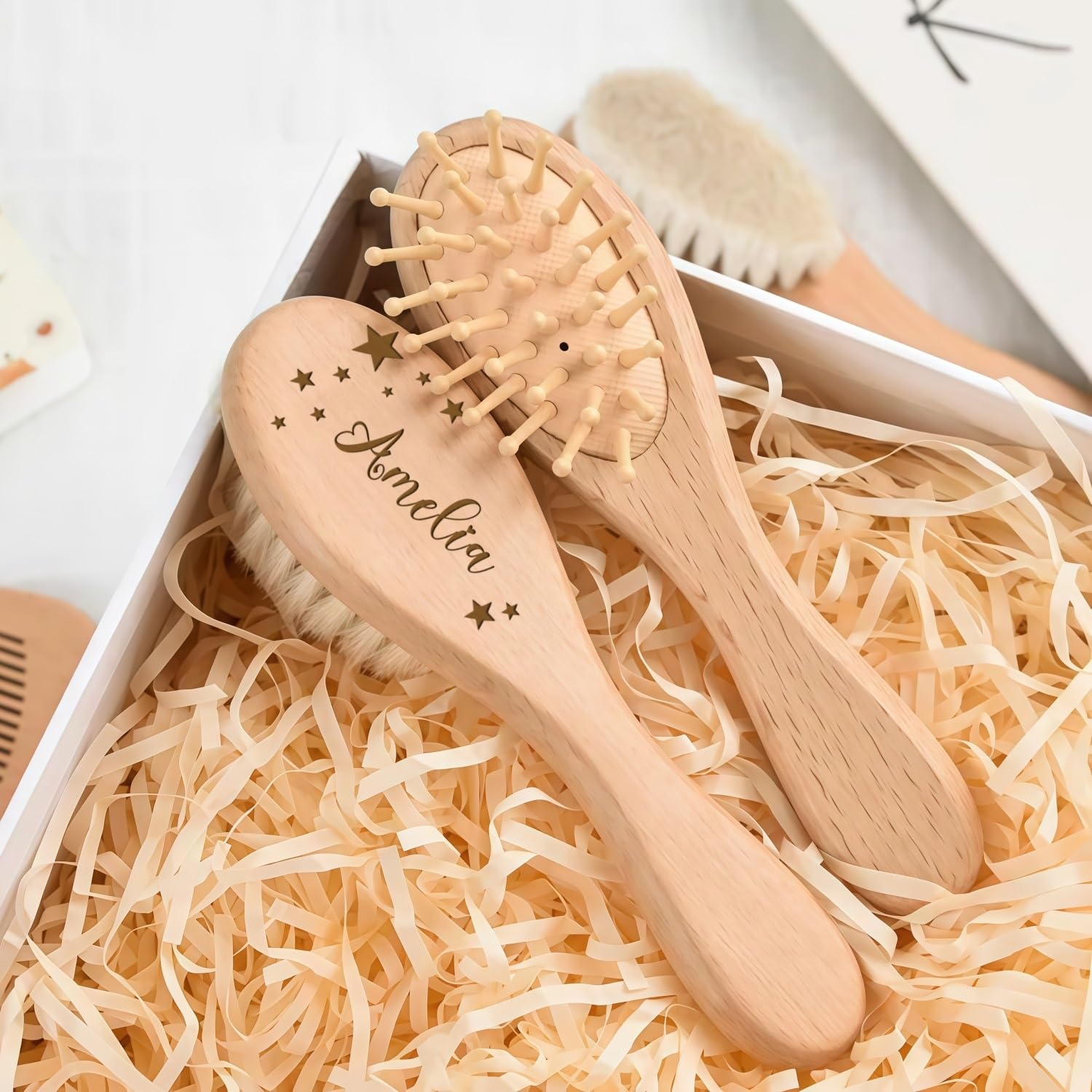 Mi Primer Juego De Cepillos for El Cabello Personalizado, Cepillo Y Peine De Madera for Bebé Con Grabado Personalizada, Paquete De 3, Kit Aseo Esencial for Recién Nacidos, Regalo for Nuevas Mamás