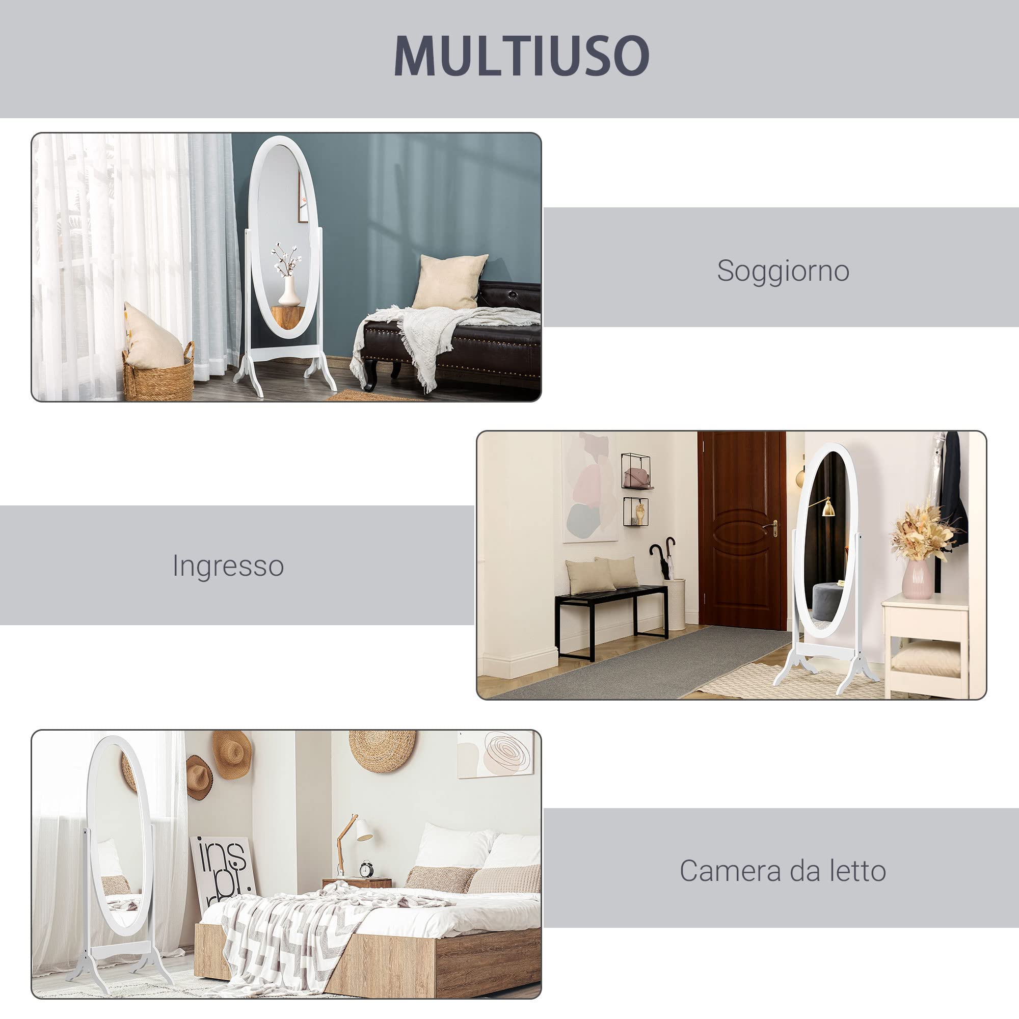HOMCOM Specchio da Terra di Design, Specchio a Figura Intera con Inclinazione Regolabile, Autoportante, Cornice Ovale e Piedini in Legno, 147x46 cm, Bianco