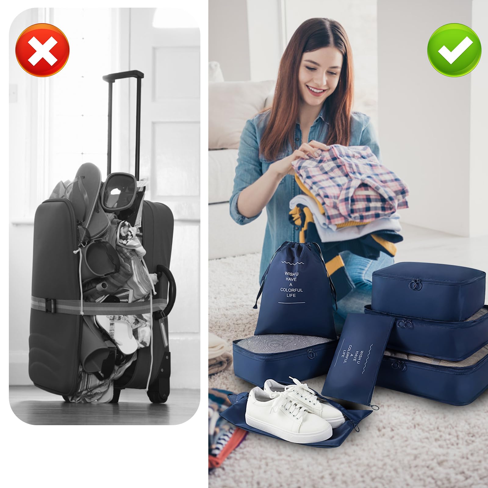 Set di 7 organizer per valigie, borse, organizer per valigie, per vacanze e viaggi, cubi da viaggio (blu scuro)