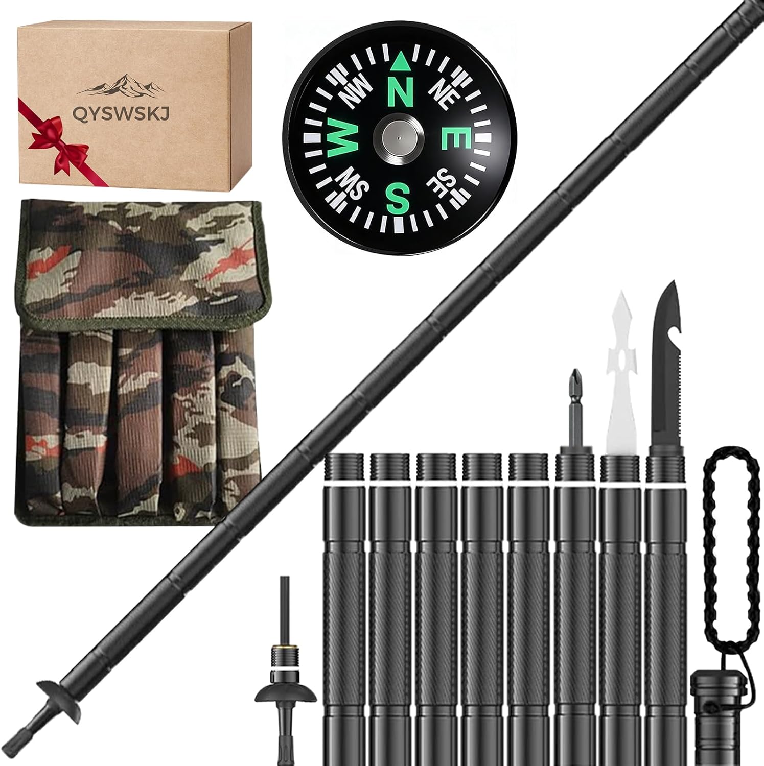 Qyswskj Tactical Hiking Stick: 8-Section Telescopic Trekking Poles with Survival Tools, Lightweight Aluminum for Camping & Outdoor Adventures