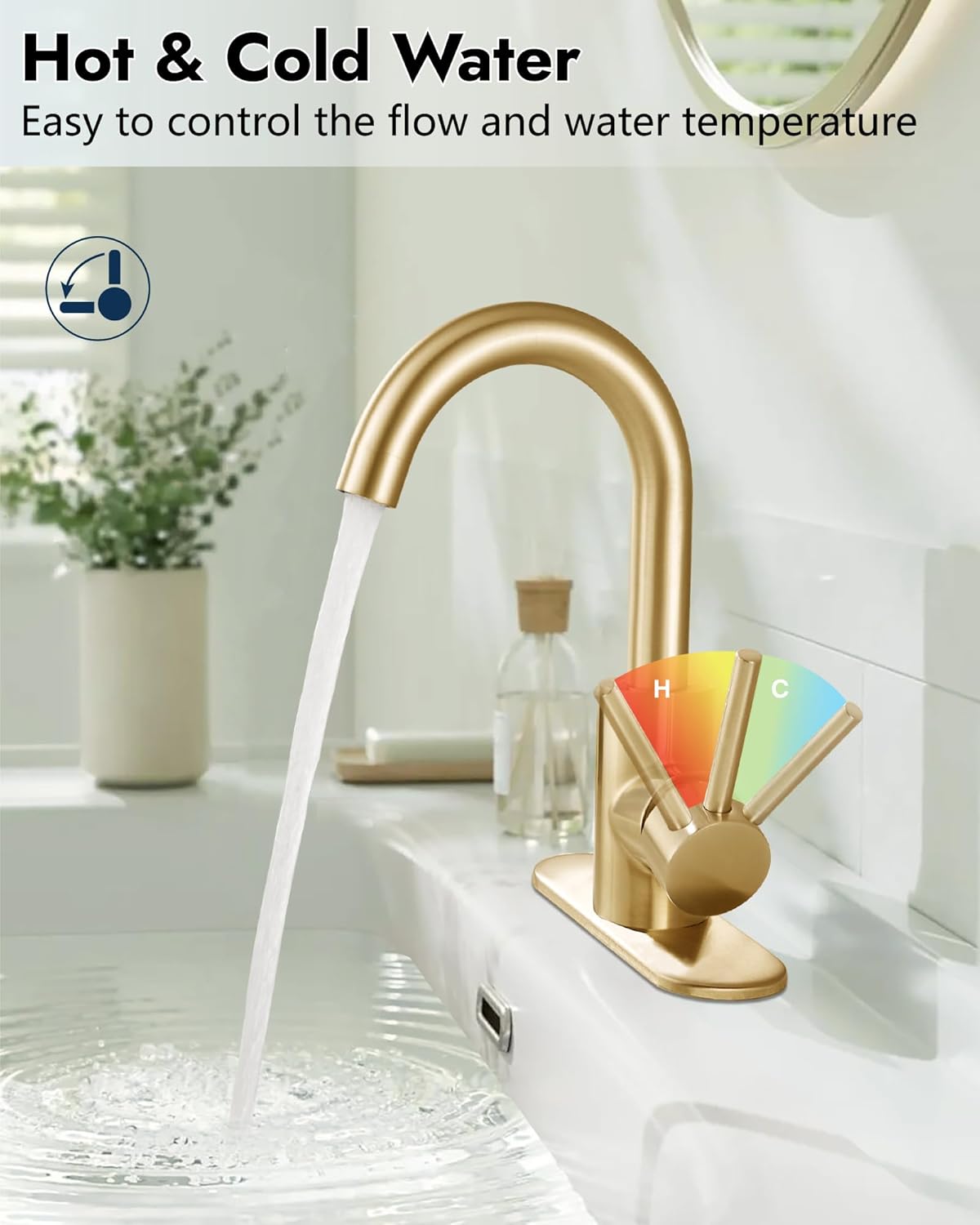 Midanya Single Hole Bathroom Faucet 1 Hole Bar Sink Faucet Suitable for Kitchen RV Vanity,304 Stainless Steel 360° Swivel Spout with Deck Plate and Pop-up Drain,Brushed Gold - Image 4