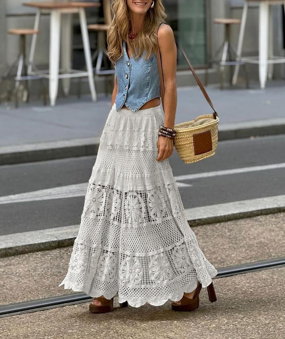 chouyatou Women's Western Floral Lace Crochet Knit Maxi Boho Skirt A-Line Eyelet Hippie Flowy Long Skirt - Image 2
