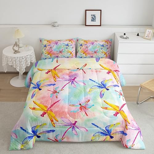 Erosebridal Juego de ropa de cama Kawaii de libélula, juego de edredón de teñido anudado arco iris, juegos de edredón de animales coloridos, relleno