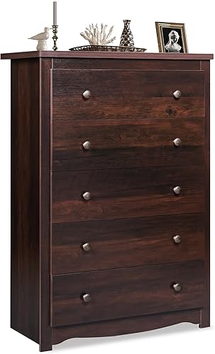 Vista 15 de WLIVE Cómoda de madera con 5 cajones, cómoda negra de 45 pulgadas de alto para dormitorio, cómoda, armario de almacenamiento y cajones organizadores