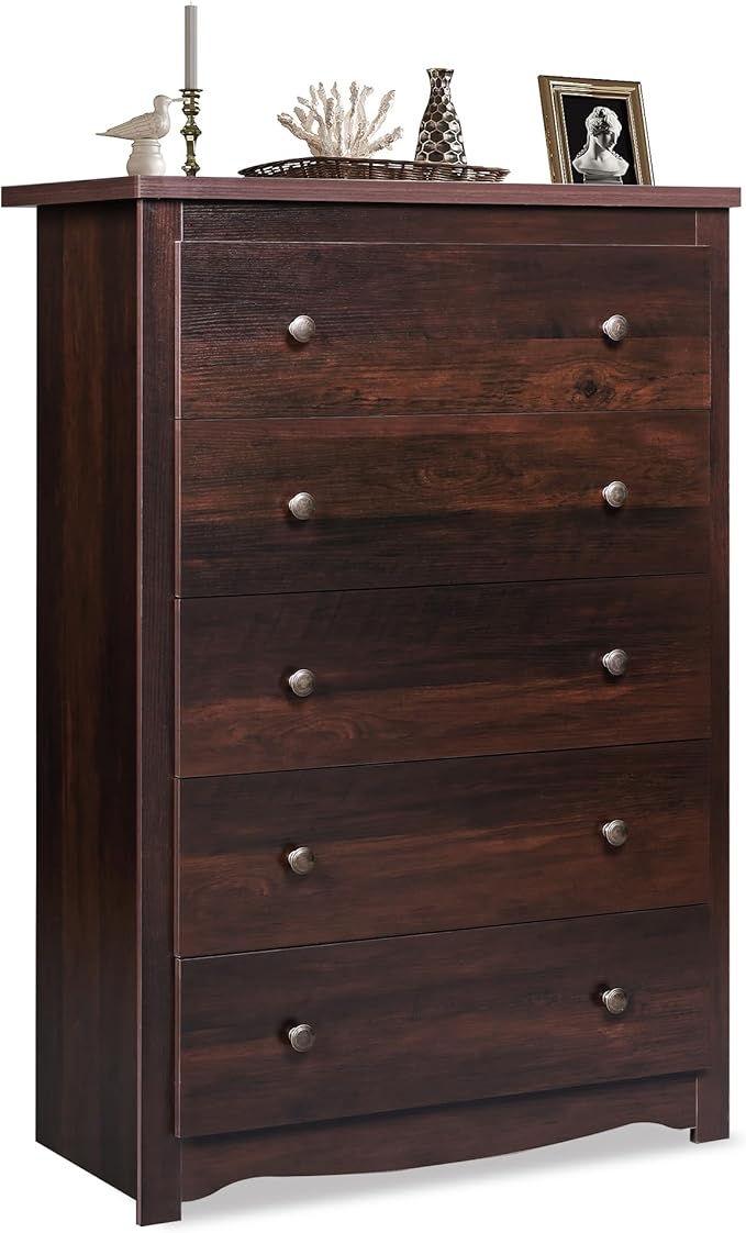 WLIVE Wood Dresser with 5 Drawers, 45" Tall Dresser for Bedroom, Chest of Drawers, Storage Cabinet and Organizer Drawers for Living Room, Hallway, Closet, Rustic Brown