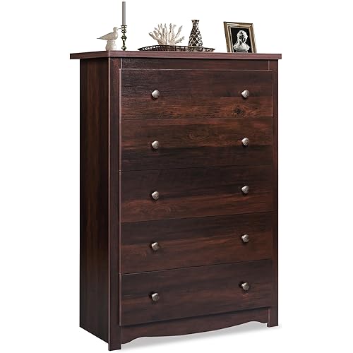 WLIVE Wood Dresser with 5 Drawers, 45" Tall Dresser for Bedroom, Chest of Drawers, Storage Cabinet and Organizer Drawers for Living Room, Hallway, Closet, Rustic Brown