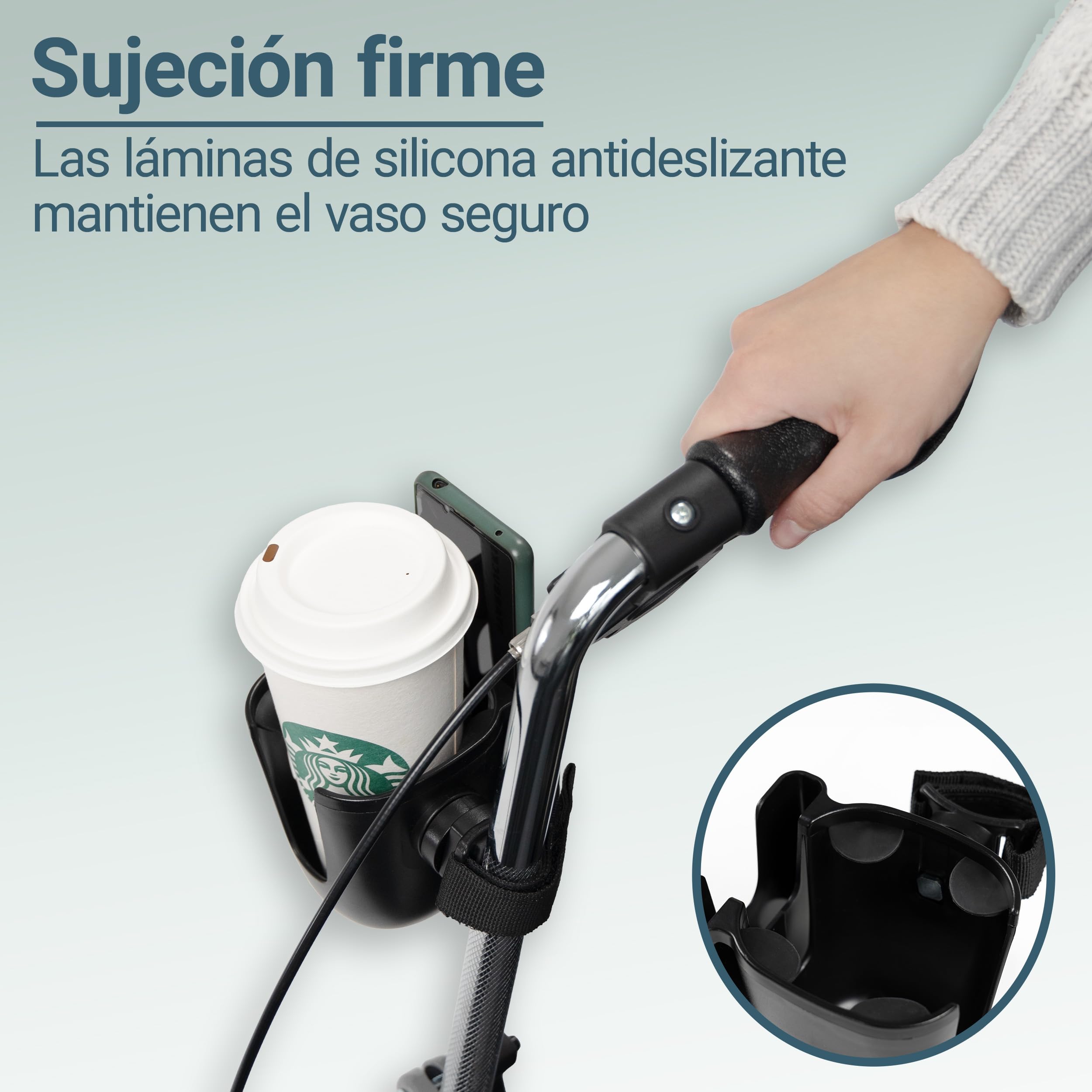 Zamboo Portavasos y Soporte para Movil para Silla de Ruedas, Andador y Ayudas a la Movilidad | Porta Botellas Universal 2 en 1 para Bebidas y Smartphone, Giratorio 360° | Fácil instalación – Negro