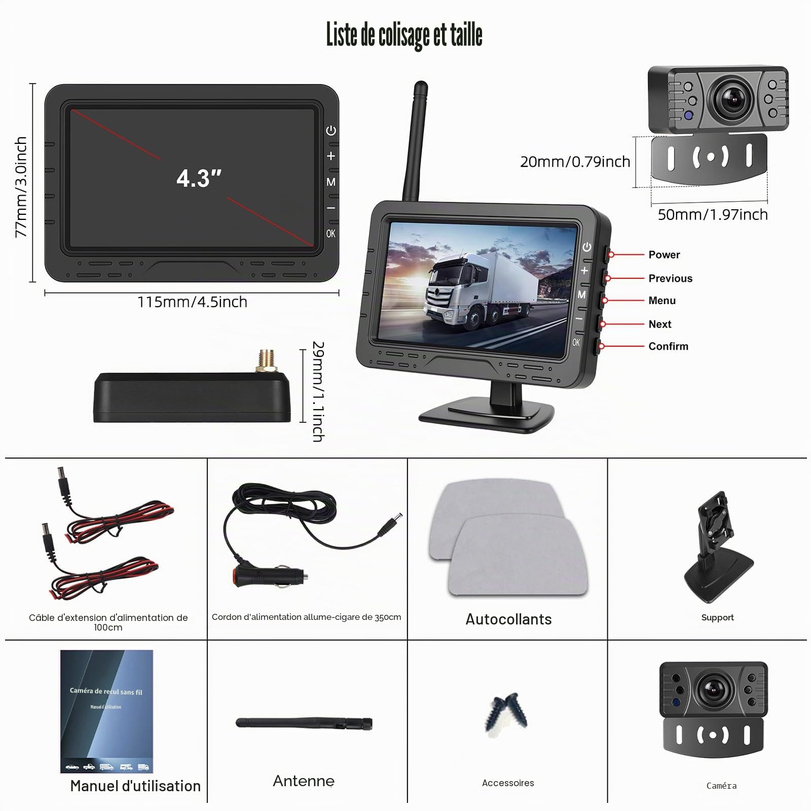 Caméra de Recul CAMECHO sans Fil 4.3 Pouces IP68 Étanche Vision de Nuit Grand Angle avec Écran TN Moniteur pour Tous Les Modèles, 12V à Haute Performance