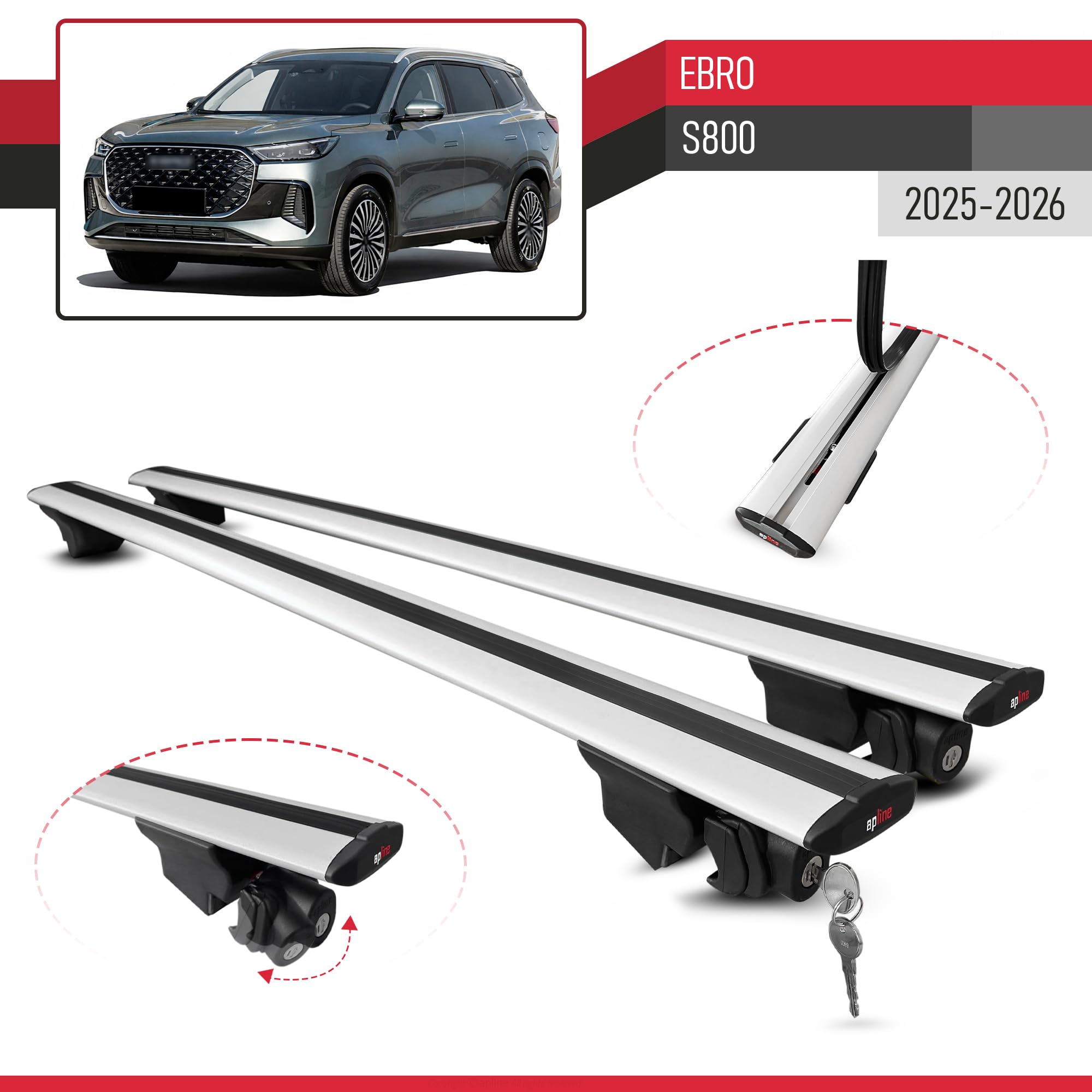 Compatible con Ebro S800 2025-2026 Modelo Hook Barra de Techo Auto Portaequipajes Barras Transversales Gris Aluminio 2 Barras