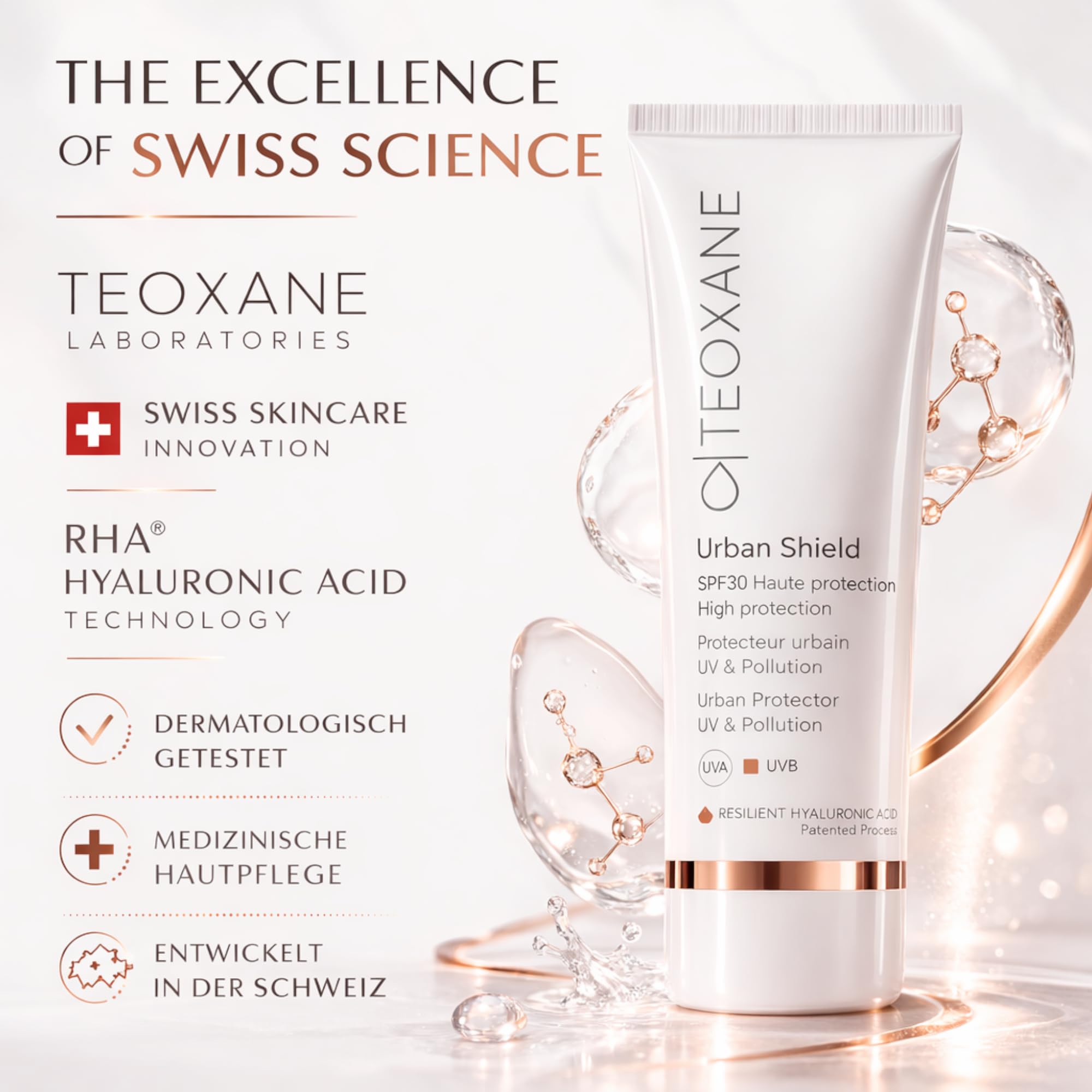 TEOXANE Urban Shield SPF 30 50 ml – Crema solar tintada para la cara con ácido hialurónico RHA, protección UVA UVB, crema de día antipolución, protector solar facial hidratante como base de maquillaje