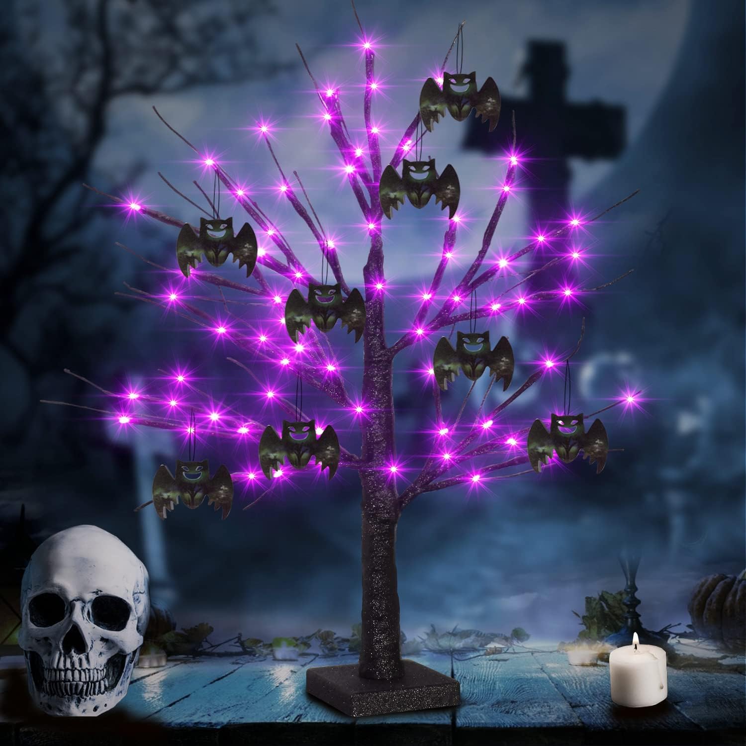 2FT Black Halloween Spooky Tree with 8 Bats - 48 Purple LED Lights Battery Operated Tabletop Artificial Black Birch Tree with Timer for Indoor, Bedroom, Kitchen, Living Room, Halloween Decoration