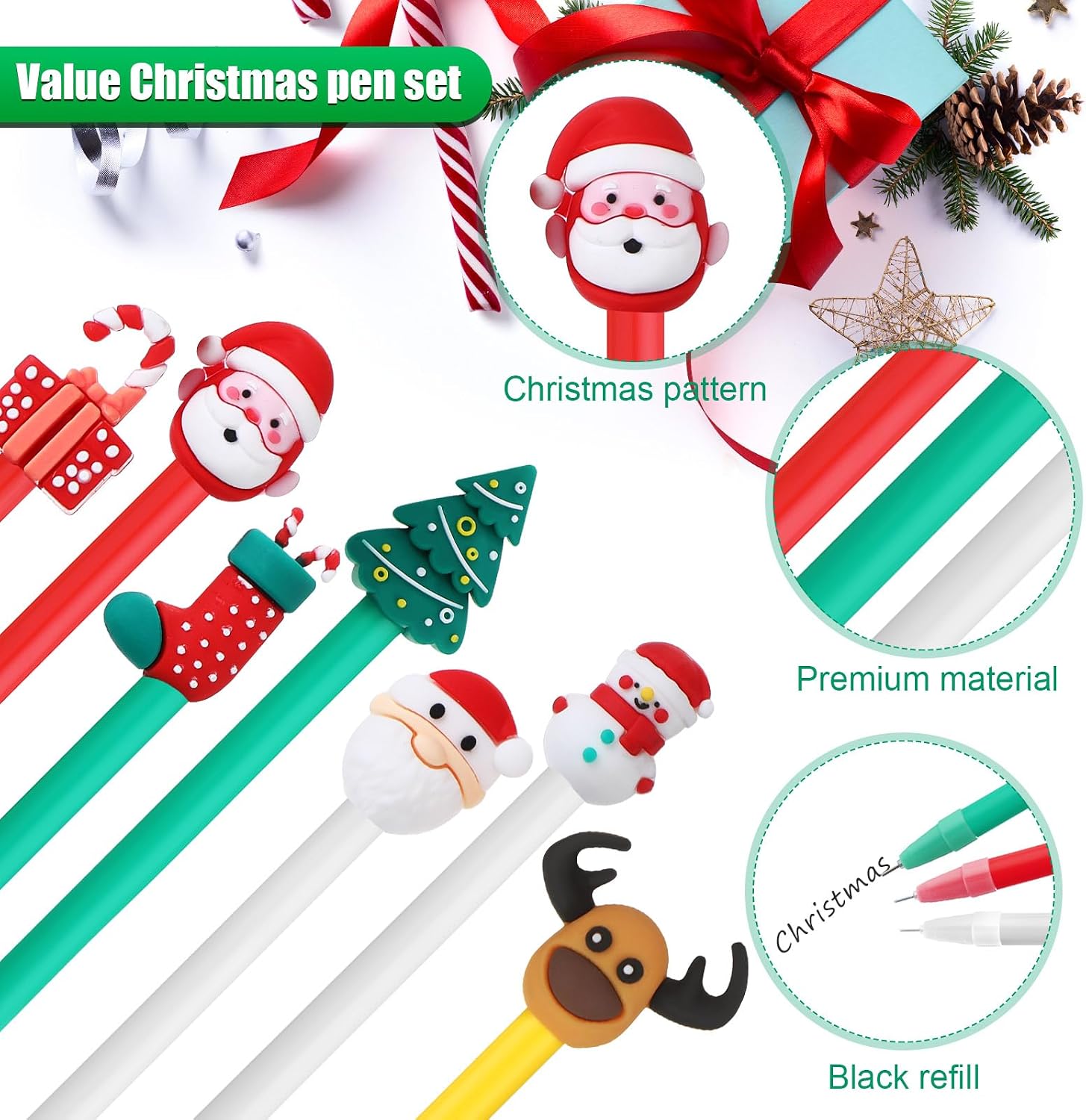100 Pieces Christmas Gel Ink Writing Tool Bulk Holiday Cartoon Novelty Fun Characters Santa Snowman Christmas Tree Sock Elk Black Ink for Xmas Party Goodie Bags Stuffer Gift Office Supplies, 7 Styles