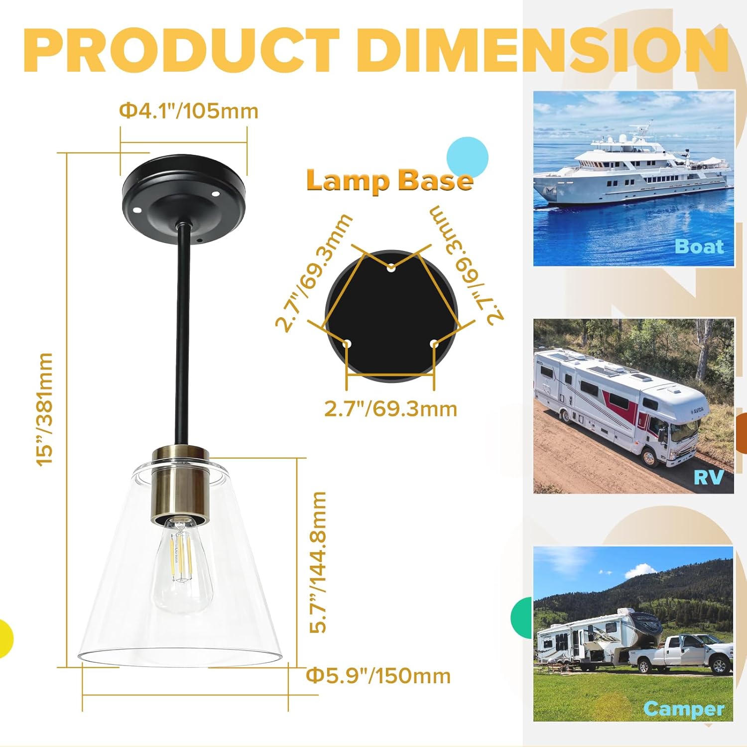 RV Pendant Lights Interior 12v RV Light Fixtures with LED Replace Bulb for Camper 5th Wheel Motorhome RVs Hanging Lights 3W 3500K 12 Volt Kitchen Island Light Surface Mount No Switch 15 Inch, 2-Pack