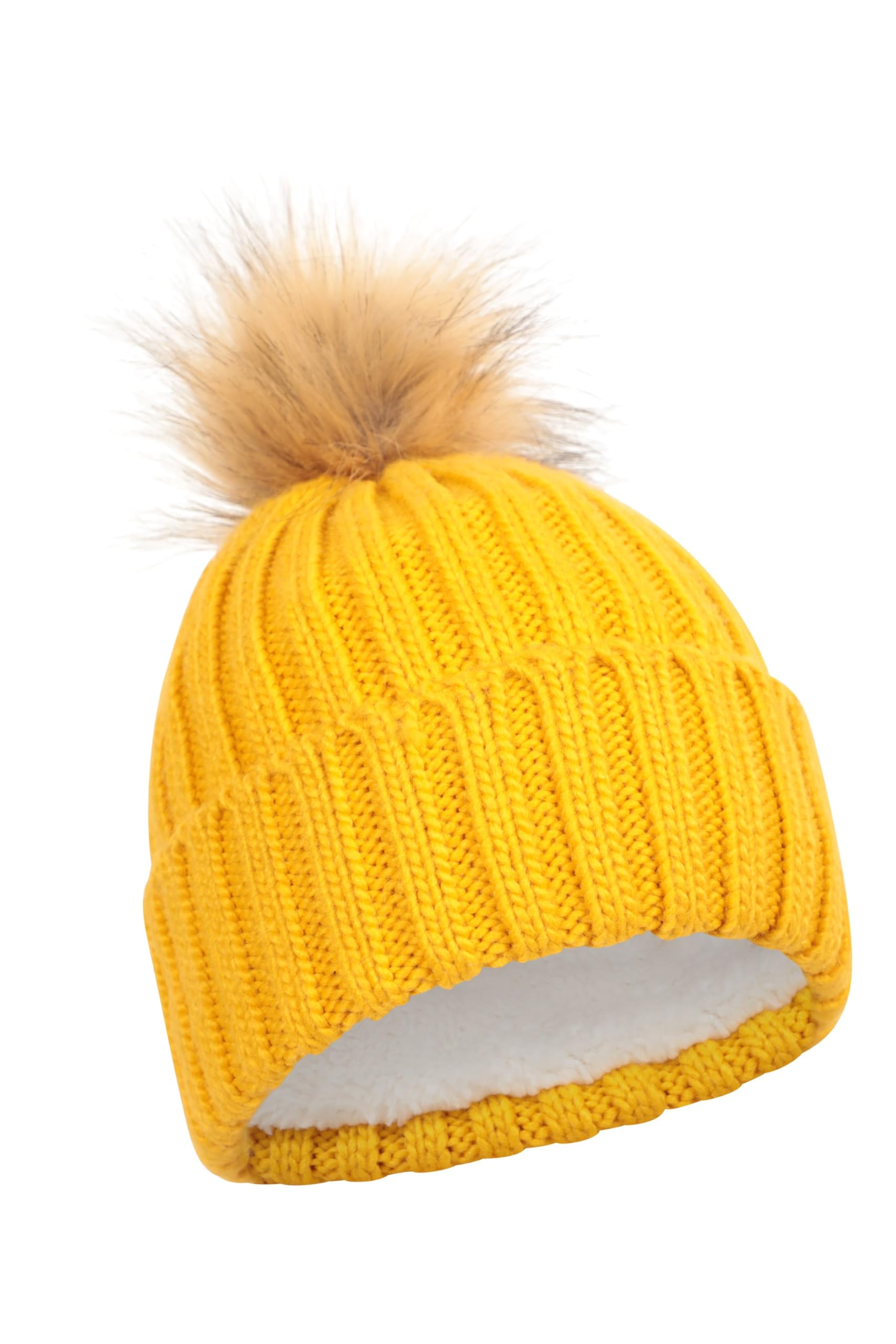 Mountain Warehouse Women's Mustard (Fur Lined) Geneva Fur Lined Fluff Beanie - Lightweight, Compact, Easy To Pack, Soft Fleece Lining & Fluffy Pom Pom - Ideal For One