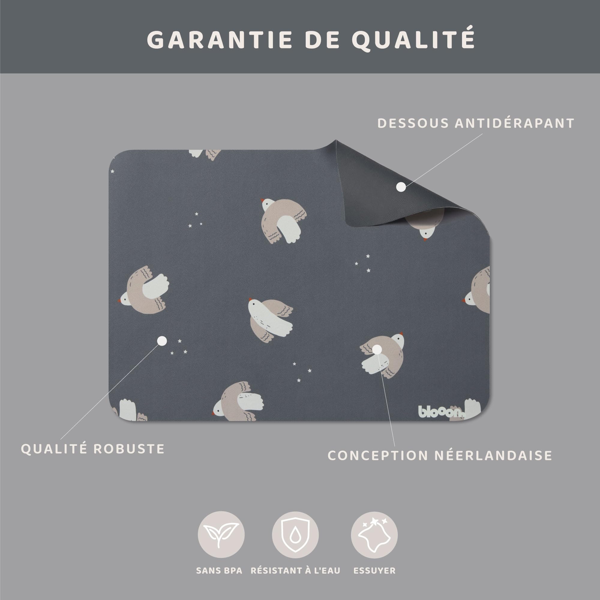Blooom XL Set de Table pour Bébé, Enfants et Tout-Petits | Dessous de Bureau Protecteur de Table | Réutilisable, antidérapant et résistant aux Taches | Design hollandais (Oiseaux, 43cm x 56cm)