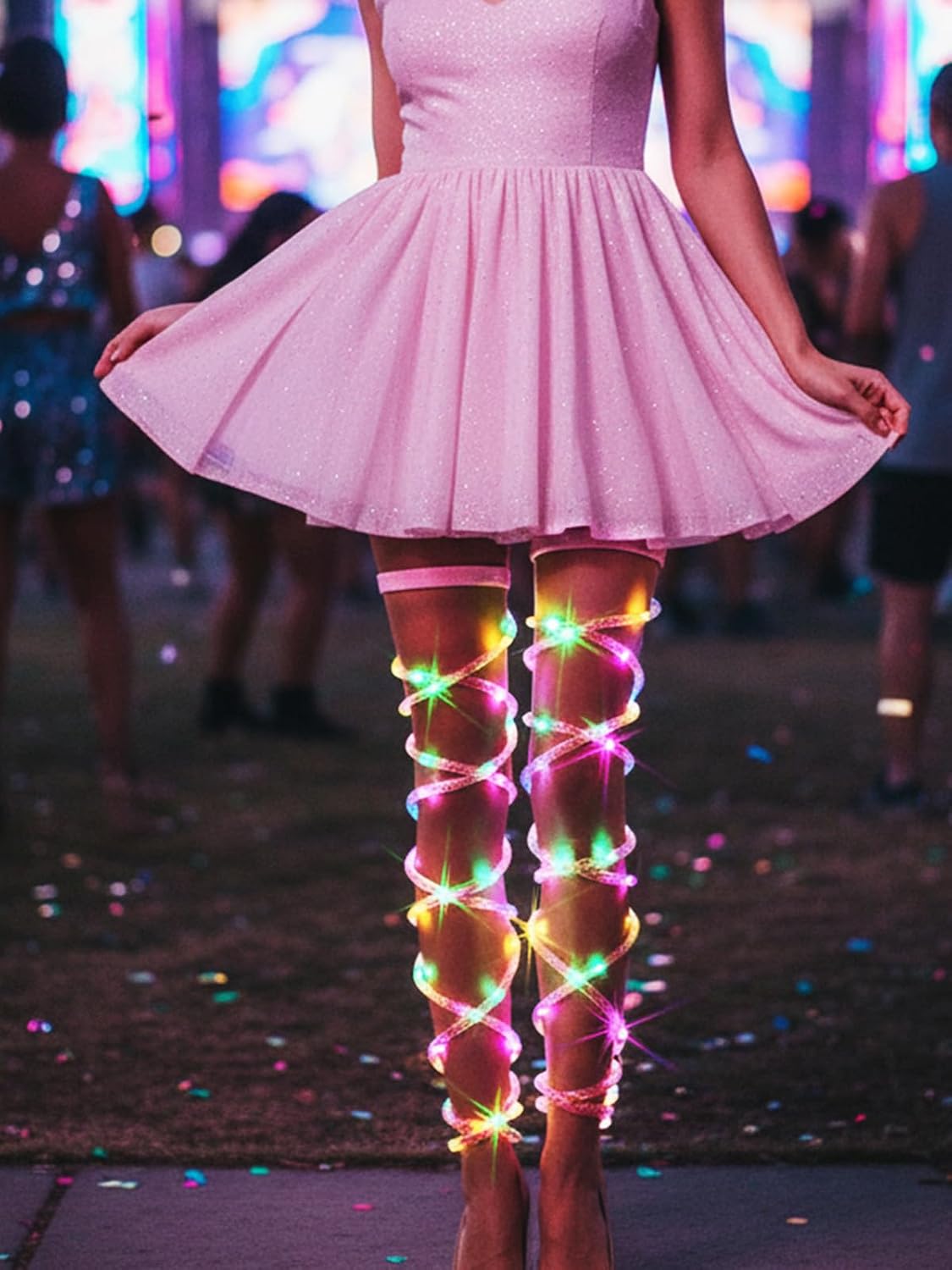 deladola Light Up Rave Leg Wraps,Non-Slip Elastic Legs Straps with LED Lights,Cross Bandage Music Festivals Costume for Women