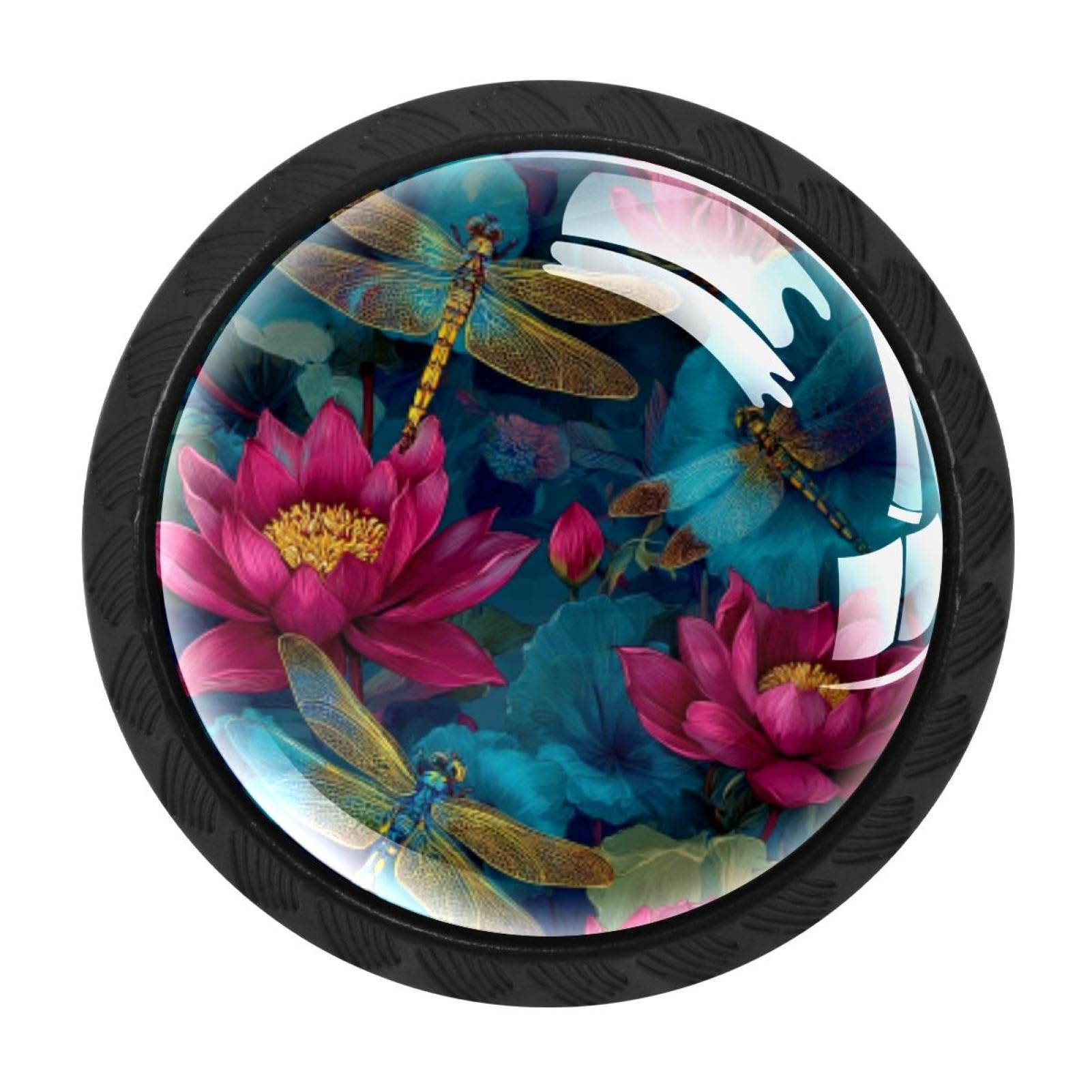 CHENZZZZ 4 Pack Fantasy Dragonflies and Lotus Flowers (3) Drawer Knobs Round Shaped Crystal Glass Cabinet Knobs Pull Handles