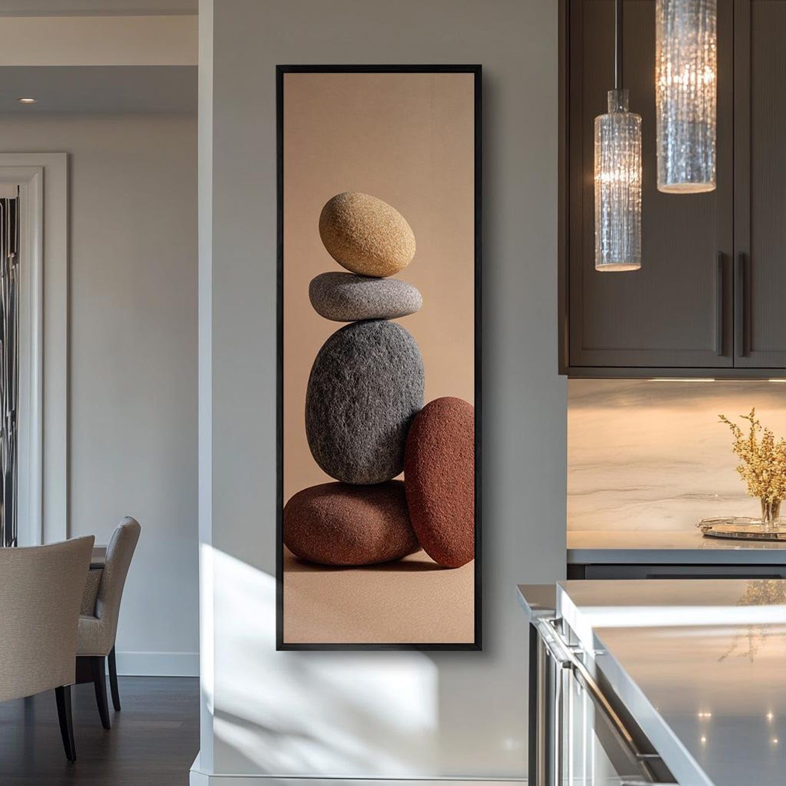 XINBAO Pionowy obraz ścienny długa cienka dekoracja kamienna minimalistyczna wysoka smukła grafika druk na płótnie w neutralnych kolorach (55 x 110 cm / wewnętrzna rama)