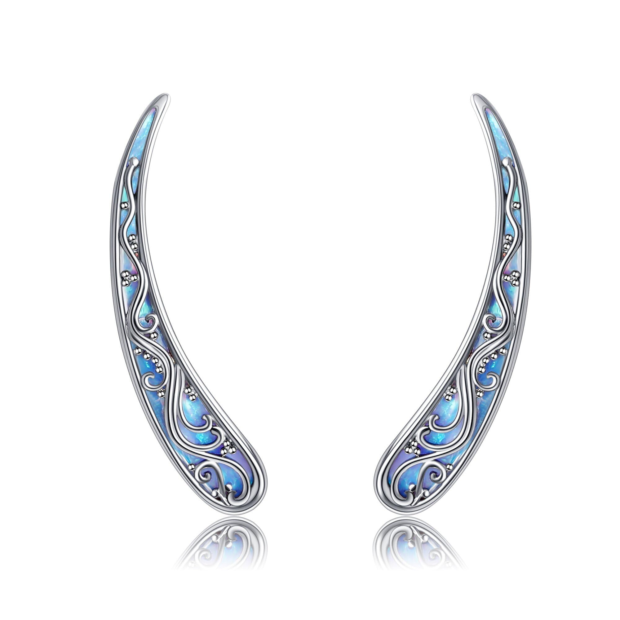 Pendientes de filigrana de plata de ley con filigrana de ópalo/concha de balona, pendientes trepadores de oreja vintage para mujer, 0.16*0.94 inch, Plata de ley, Sin piedra preciosa