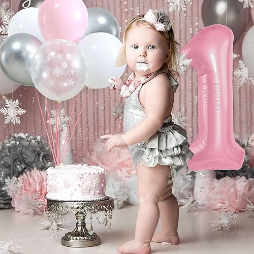 Miniatura 3 de Globos de copo de nieve de color rosa y blanco plateado, globos de invierno para baby shower, fiesta de primer cumpleaños, decoración de fiesta de