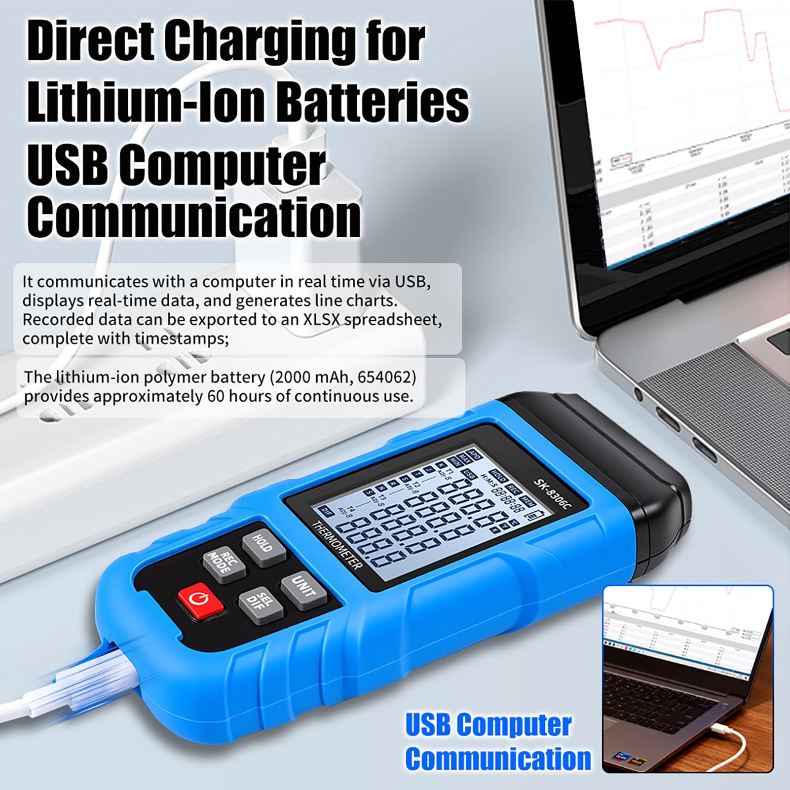 Elprico Thermomètre à Thermocouple Numérique, Enregistreur de Données de Compteur de Température de Type K J à 4 Canaux avec Stockage Bluetooth USB 5999, pour Industriel (SK-8306C Quad-Canal)