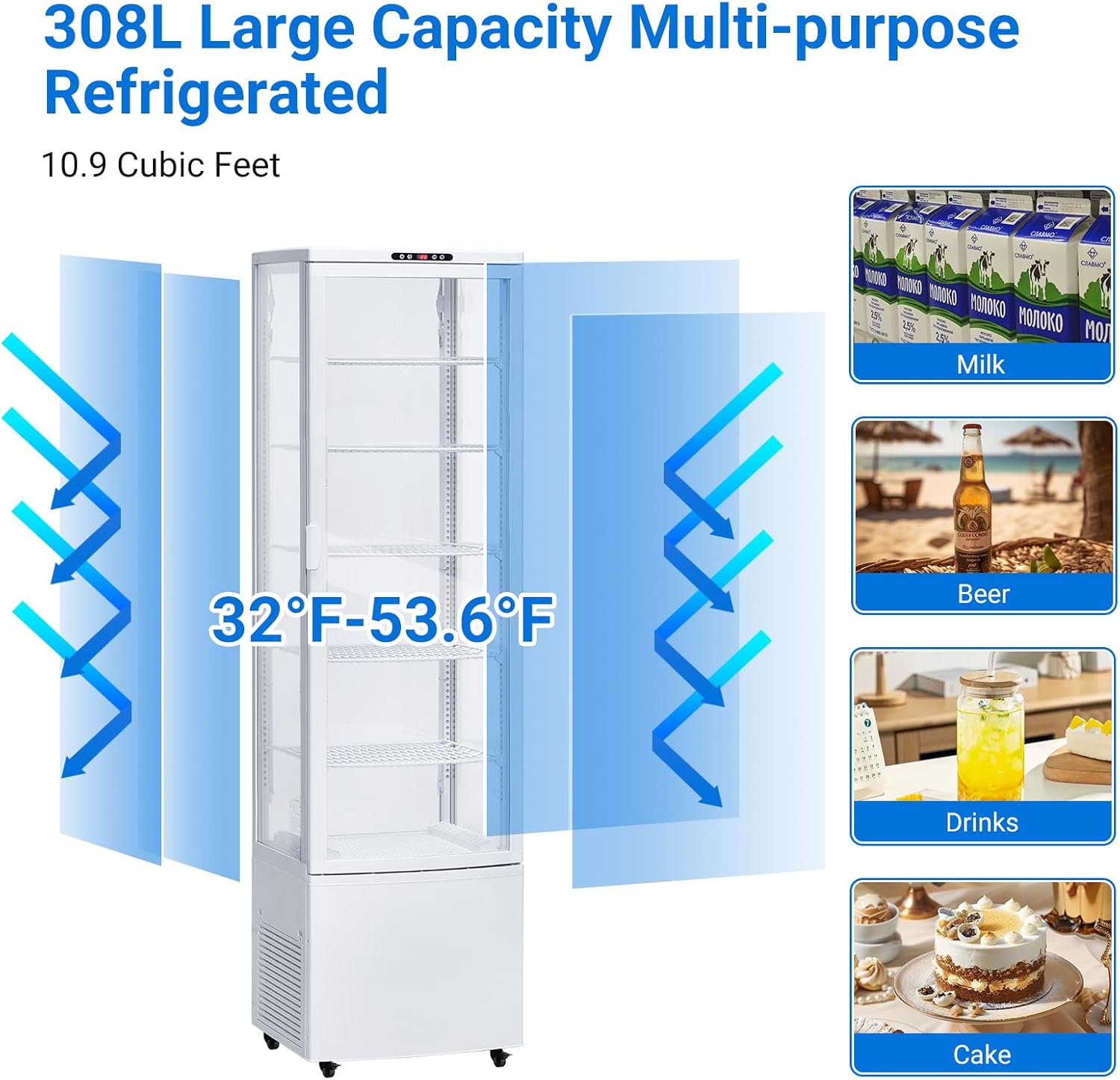 Refrigerated Display Case, 11 Cu. Ft./308 L Commercial Pastry Display Case with Led, 5 Tier Lager Cake Refrigerator Air-Cooling, Frost-Free, Rear Sliding Door for Cafes Cakes, Stores and Baked