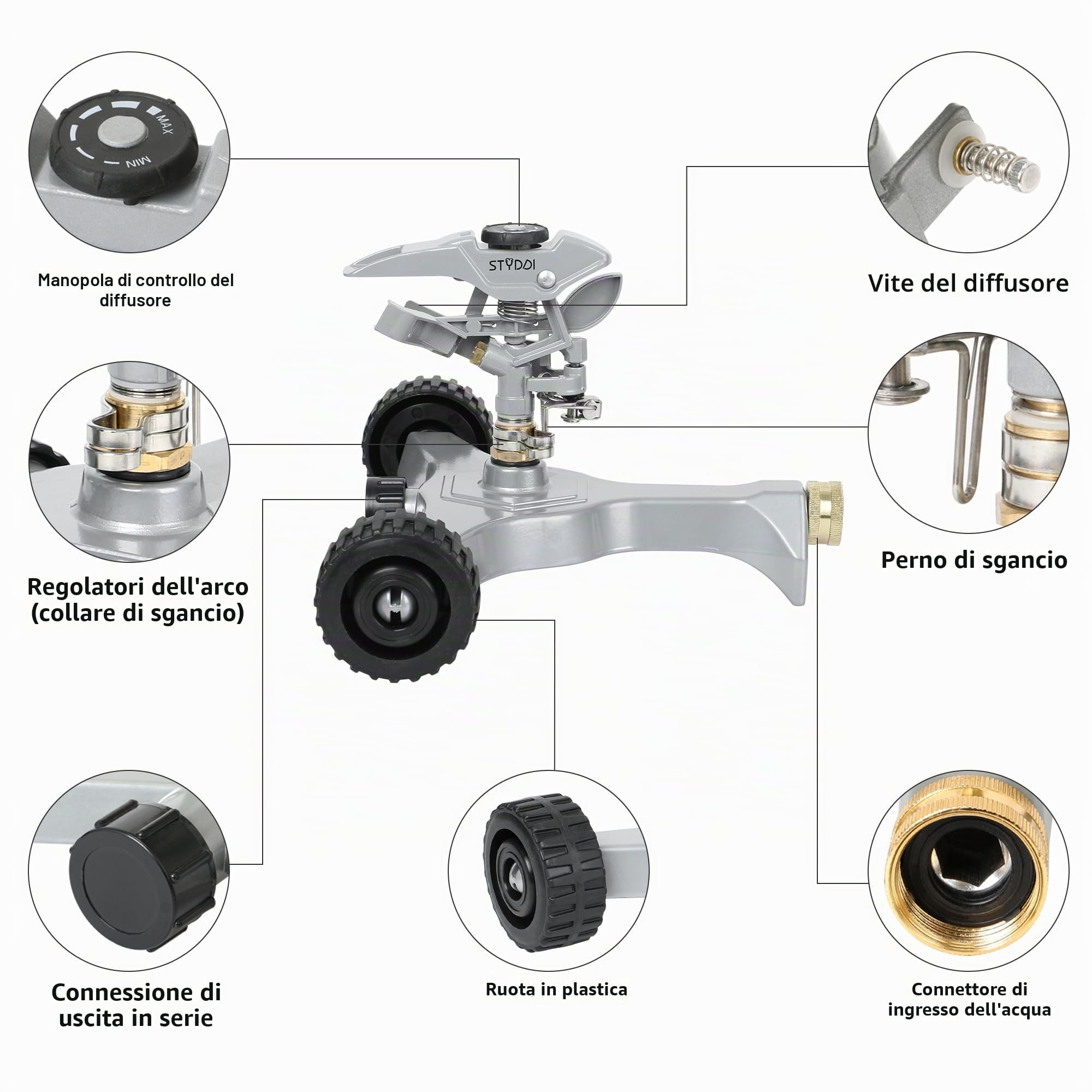 STYDDI Irrigatore pulsante in metallo su base con ruote in metallo in-serie, irrigatore circolare regolabile per prato circolare di medie e grandi dimensioni, cortile, giardino e grandi aree